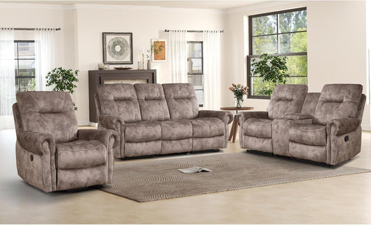EBELLO Reclining Couch Sofa Furniture Set for Living Room,Vintage Rivet Mid-Century Design, Included 1 Seat Power Massage Recliner Chair, a Manual Loveseat, and a 3 Seater Manual Sofa, Brown