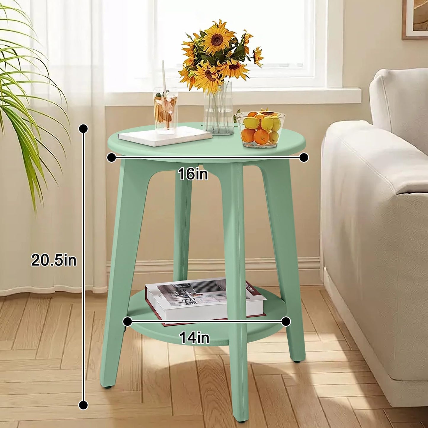 Round Side Table Green Wooden End Table with Lower Shelf Rustic Vintage Nightstand Beside Table for Living Room Bedroom Small Spaces