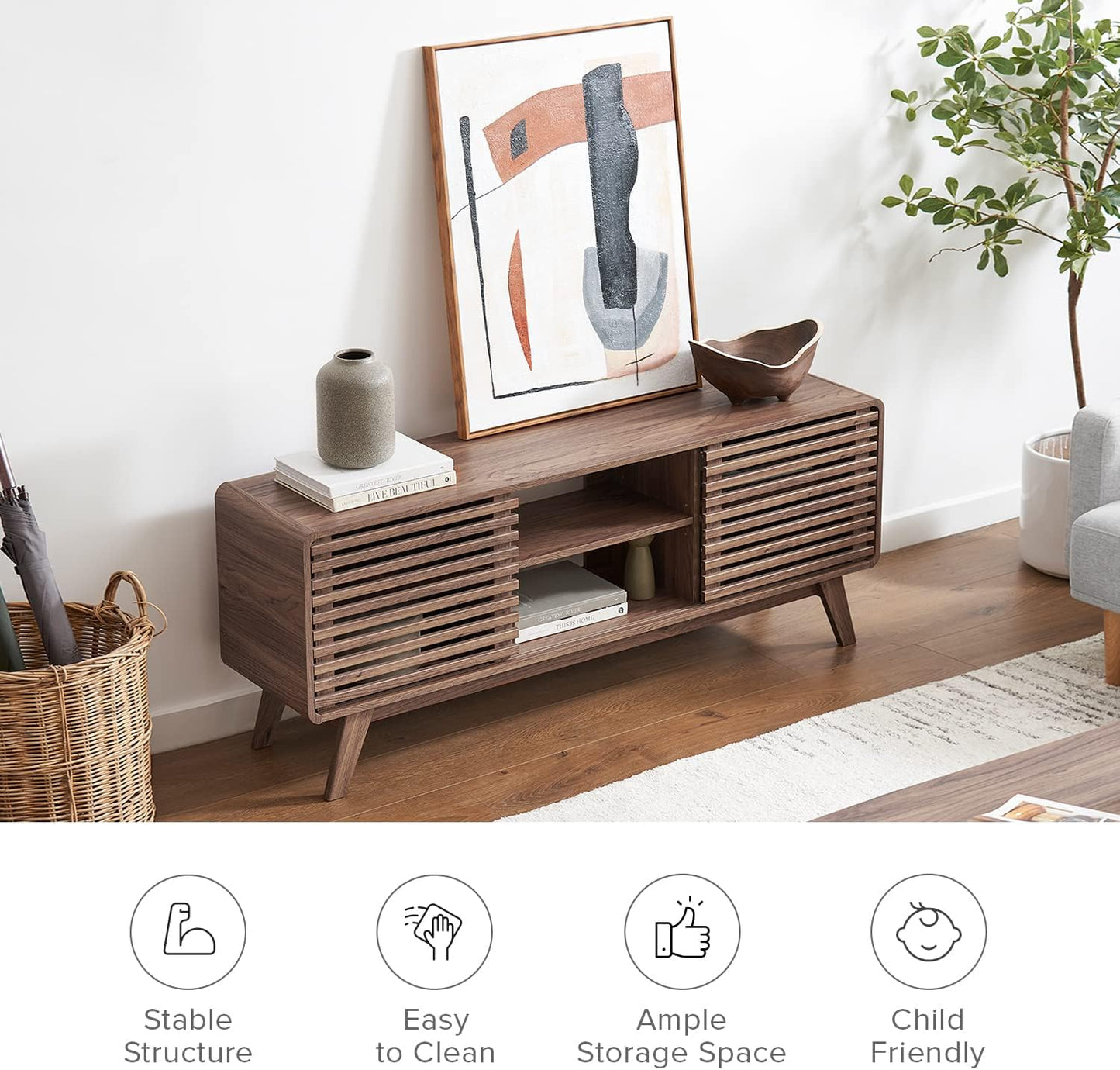 mopio Ensley TV Stand, Mid Century Modern for 55/60/65 inch TV, Farmhouse TV Stand, Entertainment Center with Storage, TV and Media Consol for Living Room (Walnut, 59" Tall)