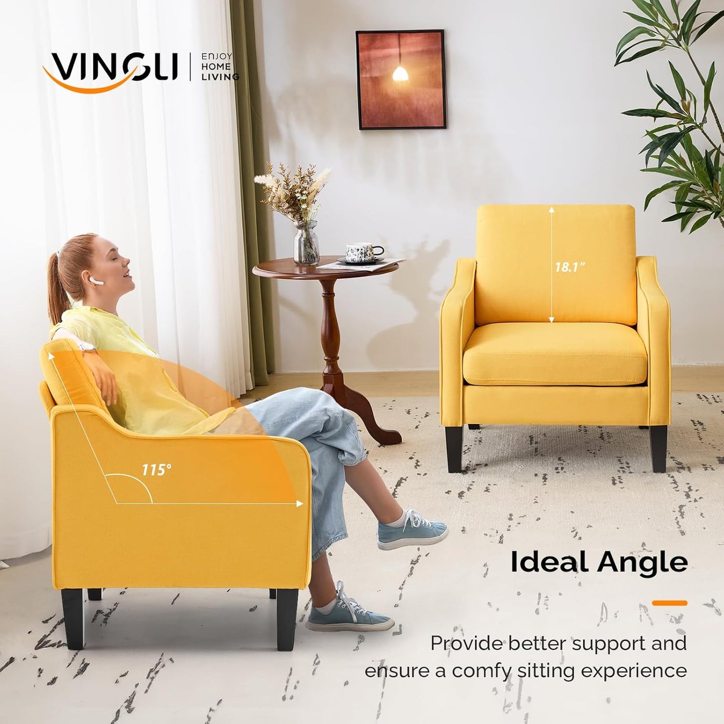 VINGLI Accent Chairs Set of 2 Living Room Chairs Yellow Reading Chair for Bedroom Scooped Arm Chair Mid Century Modern Accent Chairs Upholstered Comfy Chair for Apartment, Waiting Room