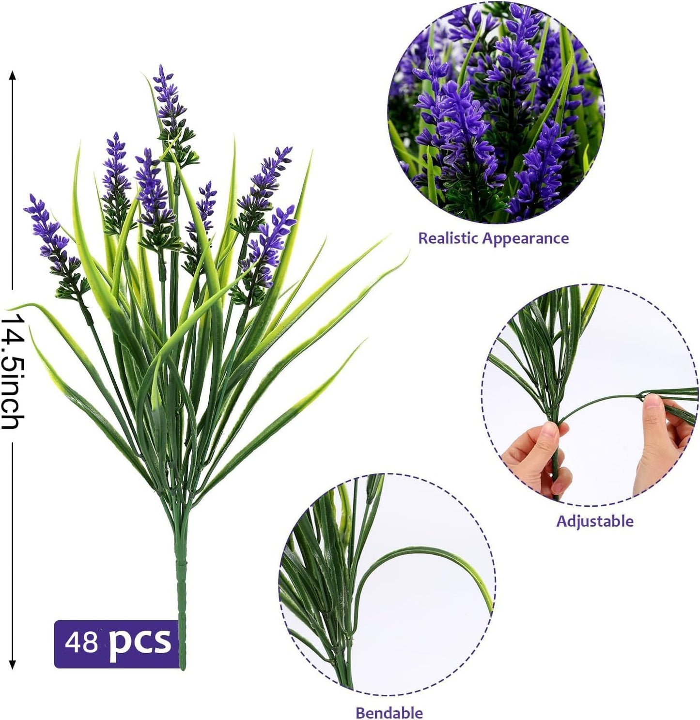 Geegoods 48 Bundles Artificial Plants Flowers Outdoor – Faux Lavender Flowers with Monkey Grass UV Resistant Plastic Faux Plants for Garden Porch Window Patio Hanging Planter Home Decor