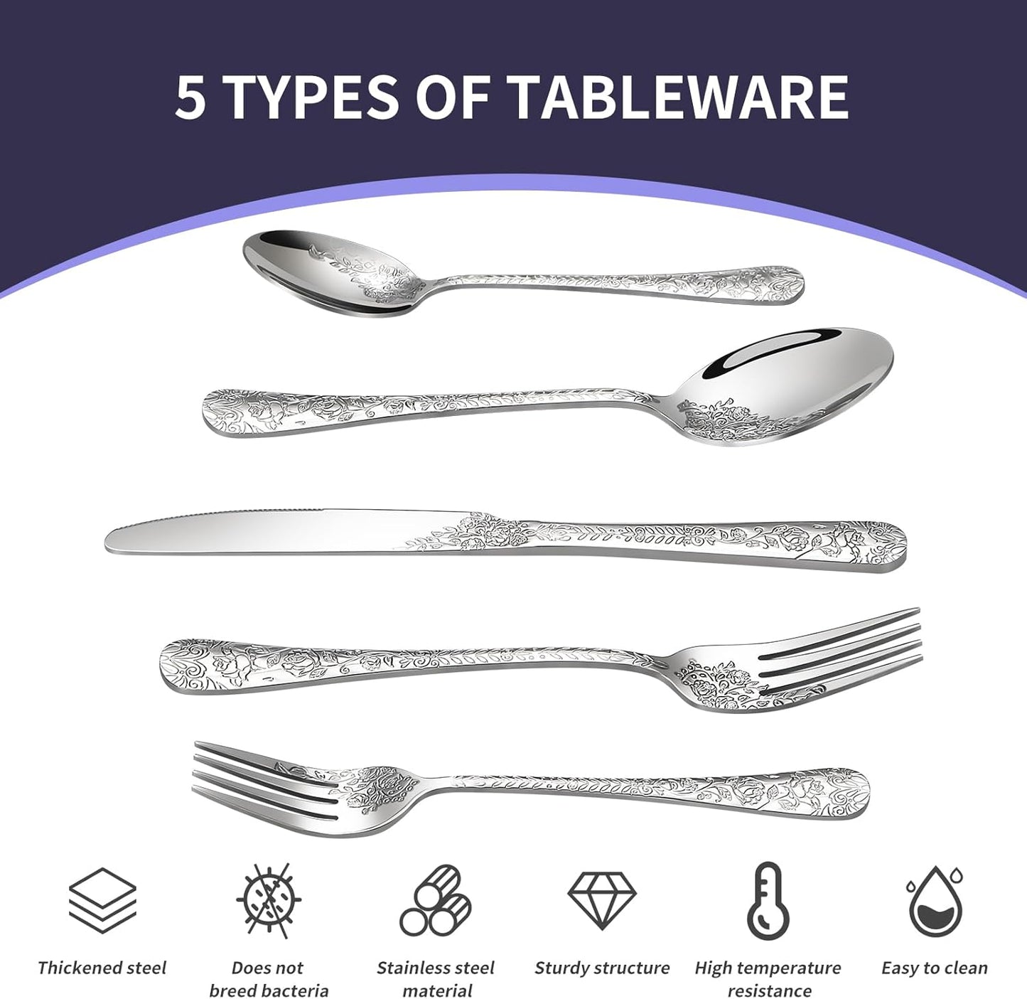 Floral 40 Pcs Silverware Set for 8, Food Grade Stainless Steel Flatware Set with Rose Flower Embossed Design, Eating Utensils Sets Include Fork/Knife/Spoon, Reusable Cutlery Set, Dishwasher Safe