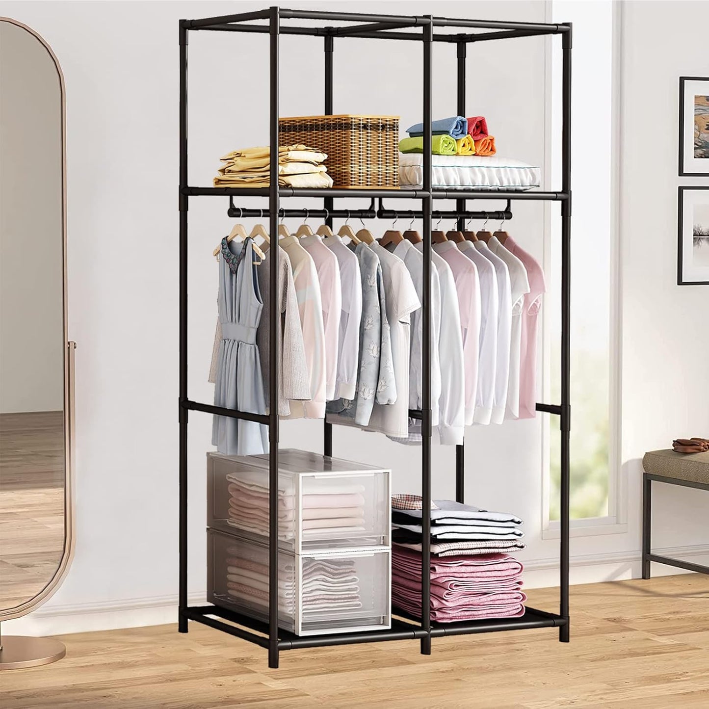 SORCEDAS Portable Wardrobe Closet Storage Organizer Metal Hanging Rack Non-Woven Fabric 34 Inch Coffee (34 Inch, Coffee)