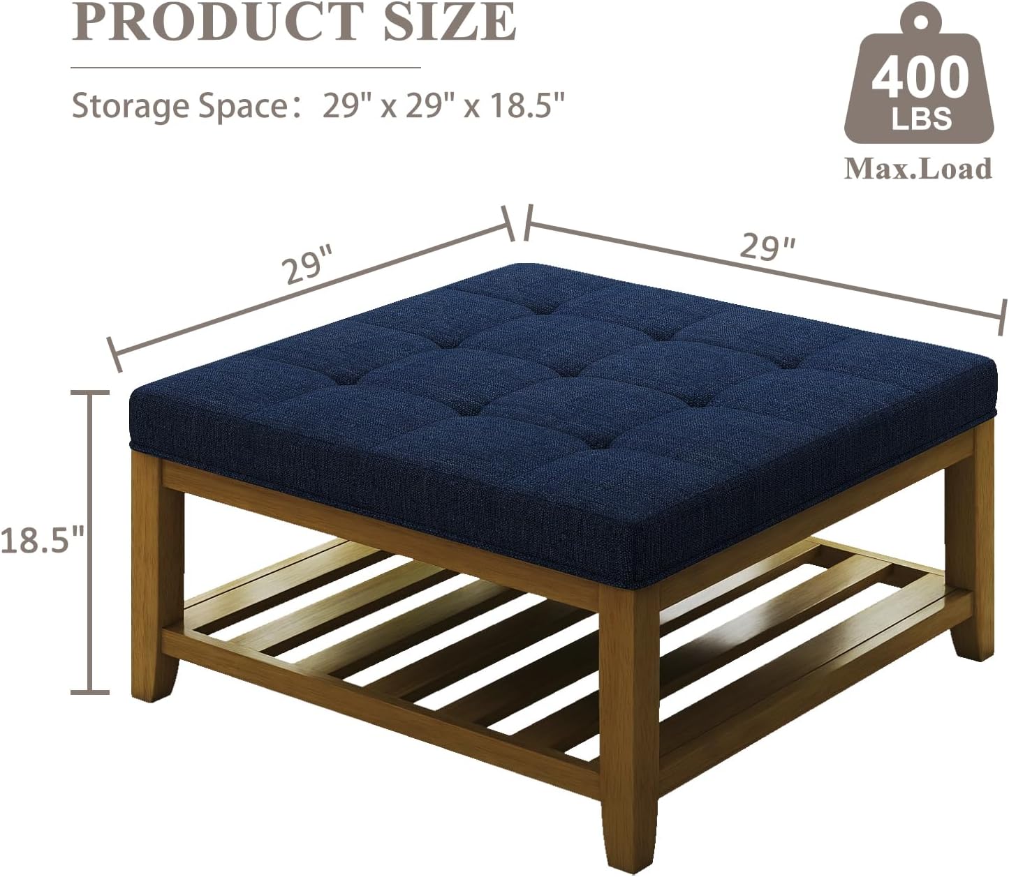 Large Square Ottoman Coffee Table, Linen Solid Upholstered Footrest Ottoman with Solid Wood Shelf Storage Tufted Coffee Table for Bedroom Living Room, Navy Blue
