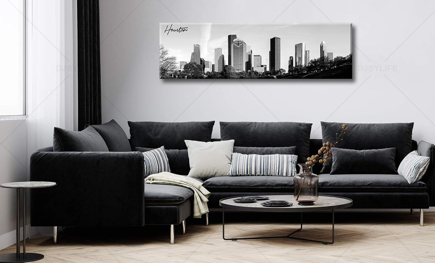 Black and White Wall Art Houston Skyline Canvas Print Picture Panoramic Cityscape Poster Decoration for Bedroom Office Home Decor Framed and Ready to Hang, 13.8"x47.3"