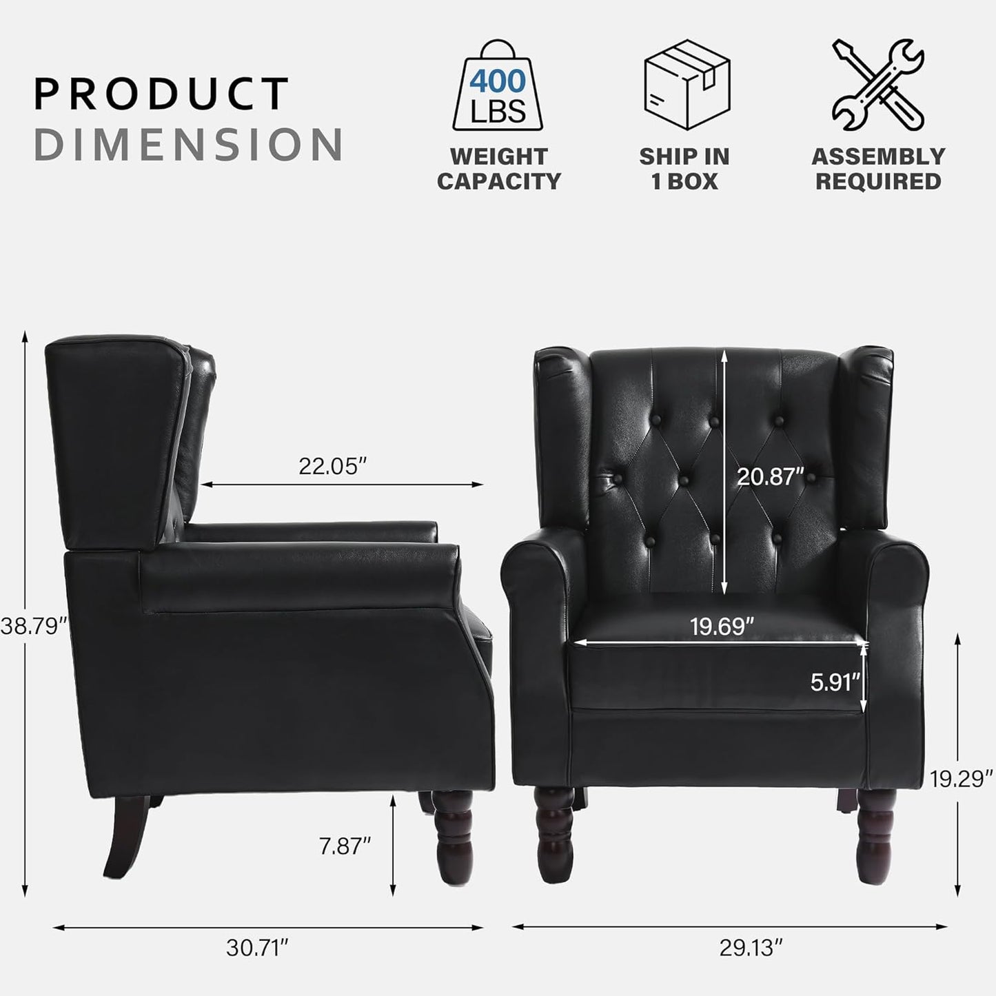 High Back Accent Chairs Set of 2,Upholstered Faux Leather Wingback Armchairs with Solid Wood Legs for Small Spaces,Comfy Single Sofa Chairs for Living Room,Bedroom-Carbon Black