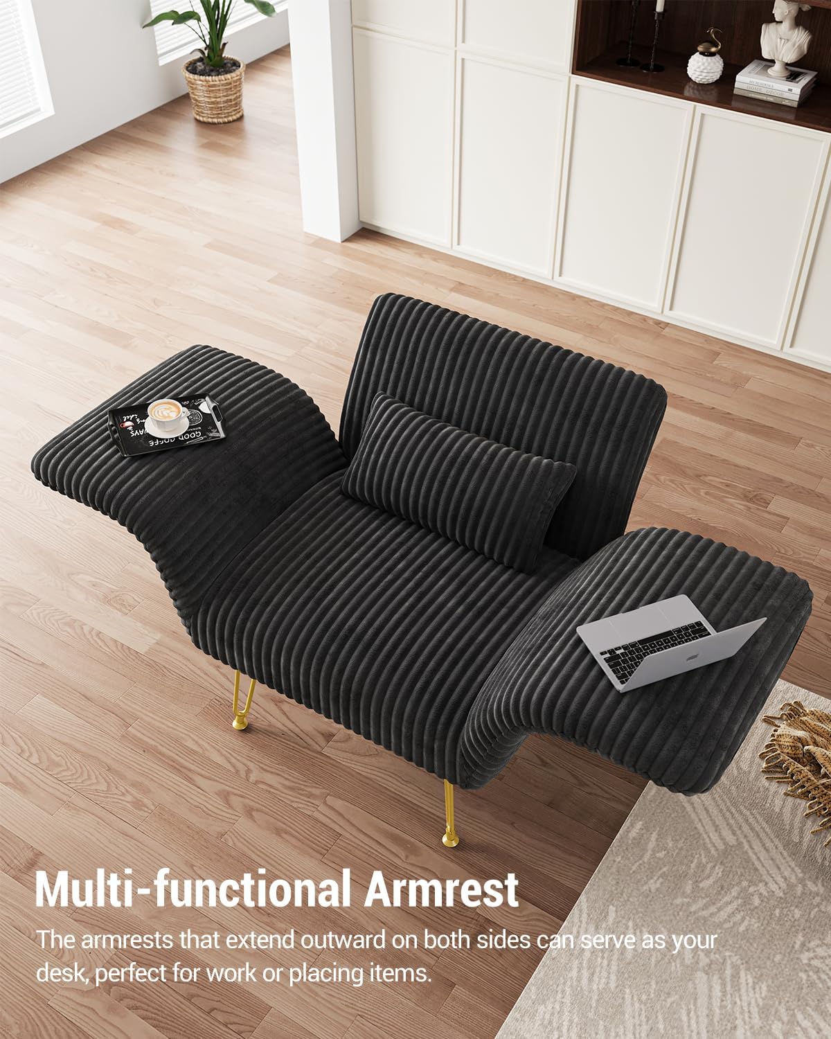 Txtin's Comfy Accent Chair Reading Chair for Bedroom Cozy Wing Arm Living Room Single Sofa Chair with Angle Adjustable Arms Black Corduroy Easy Assembly