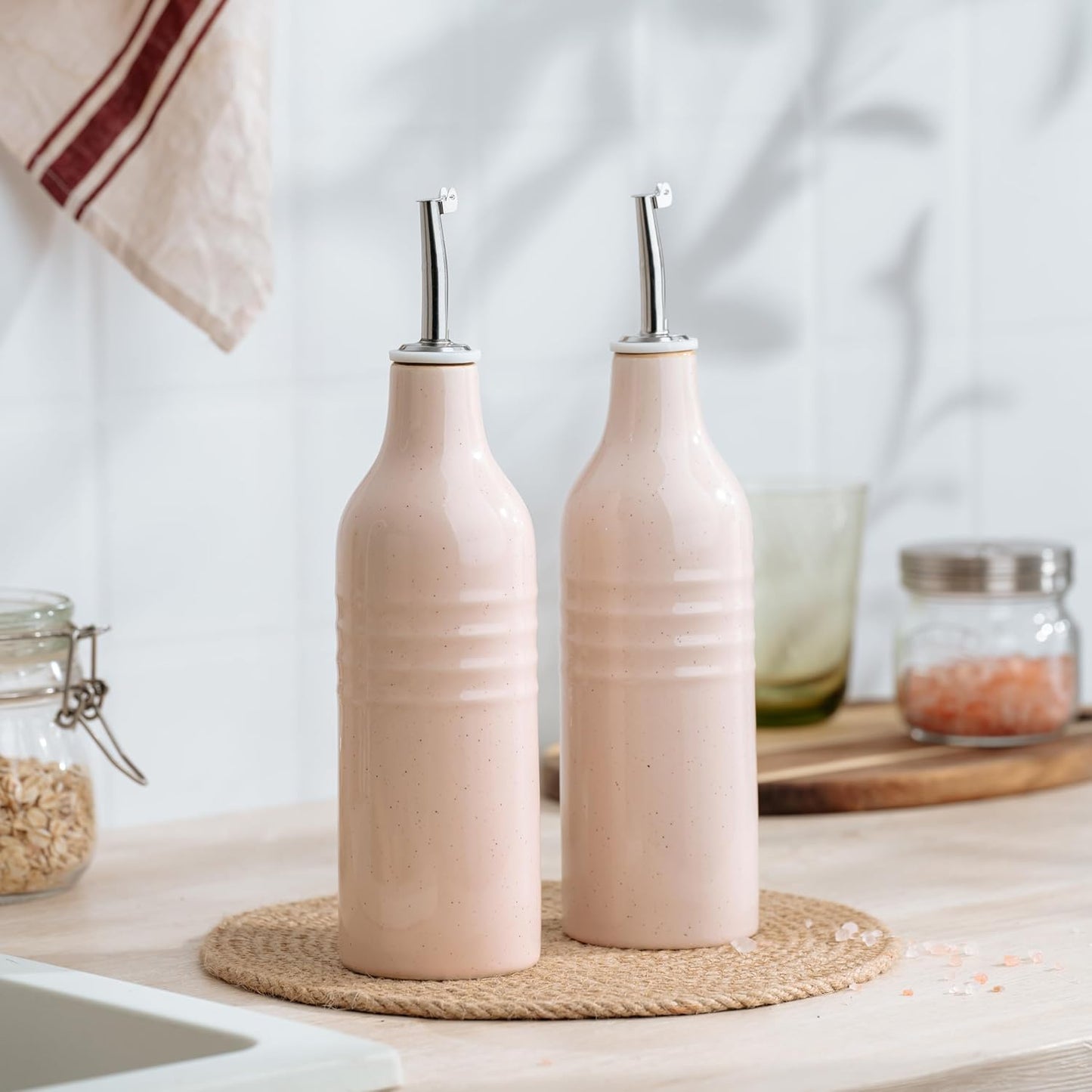 famiware Jupiter 16oz Ceramic Olive Oil Dispenser Bottle, Olive Oil and Vinegar Dispenser Bottle Set of 2 with Stainless Steel Pourers, Suitable for Storage Vinegar, Liquids, Light Pink