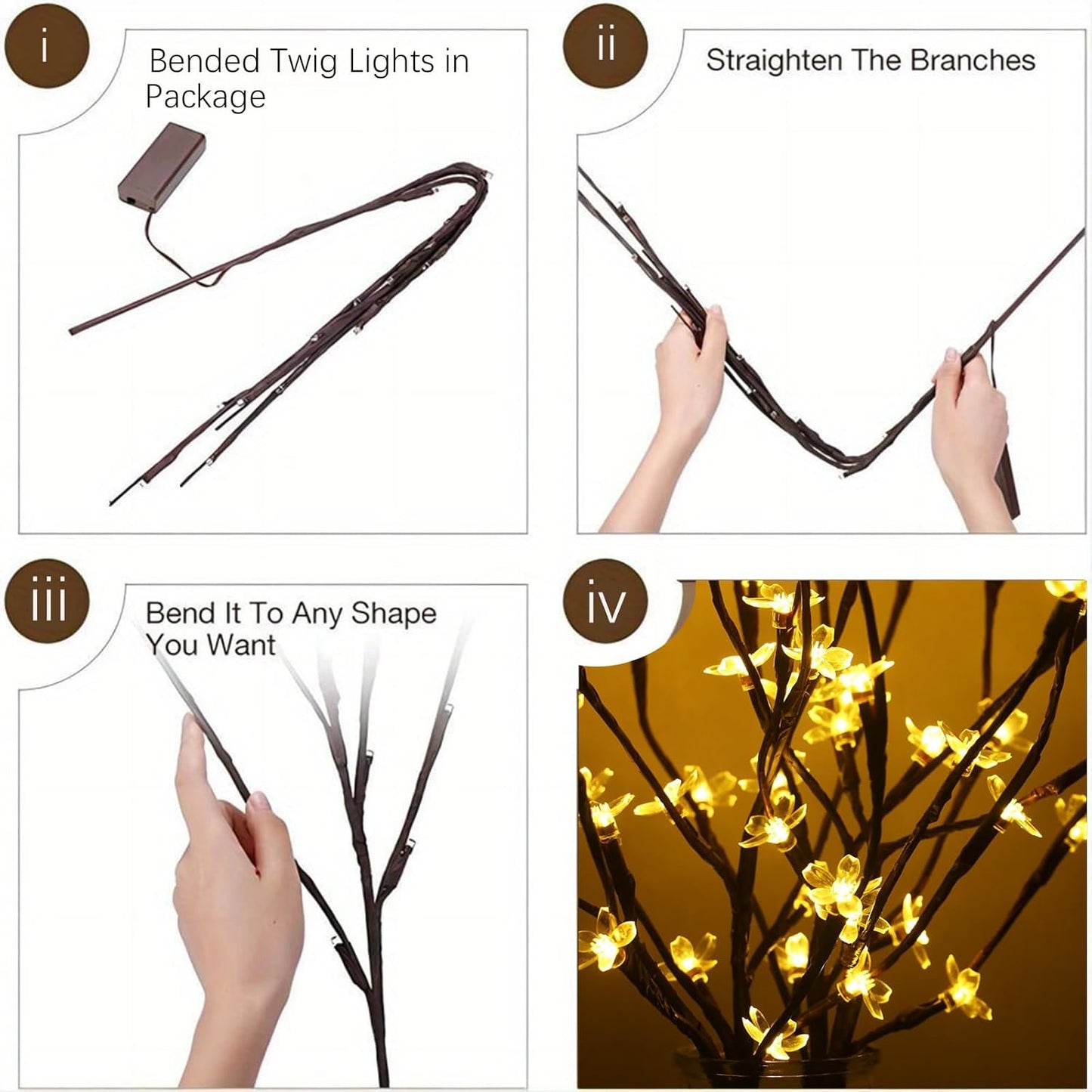 Battery Lighted Branches for Vase, 3 Pack 60 LED Fairy Artificial Cherry Blossom Flower Twig Stick Lights for Valentines Holiday Decor, Indoor Bonsai Tree Christmas Decorations (Warm White)