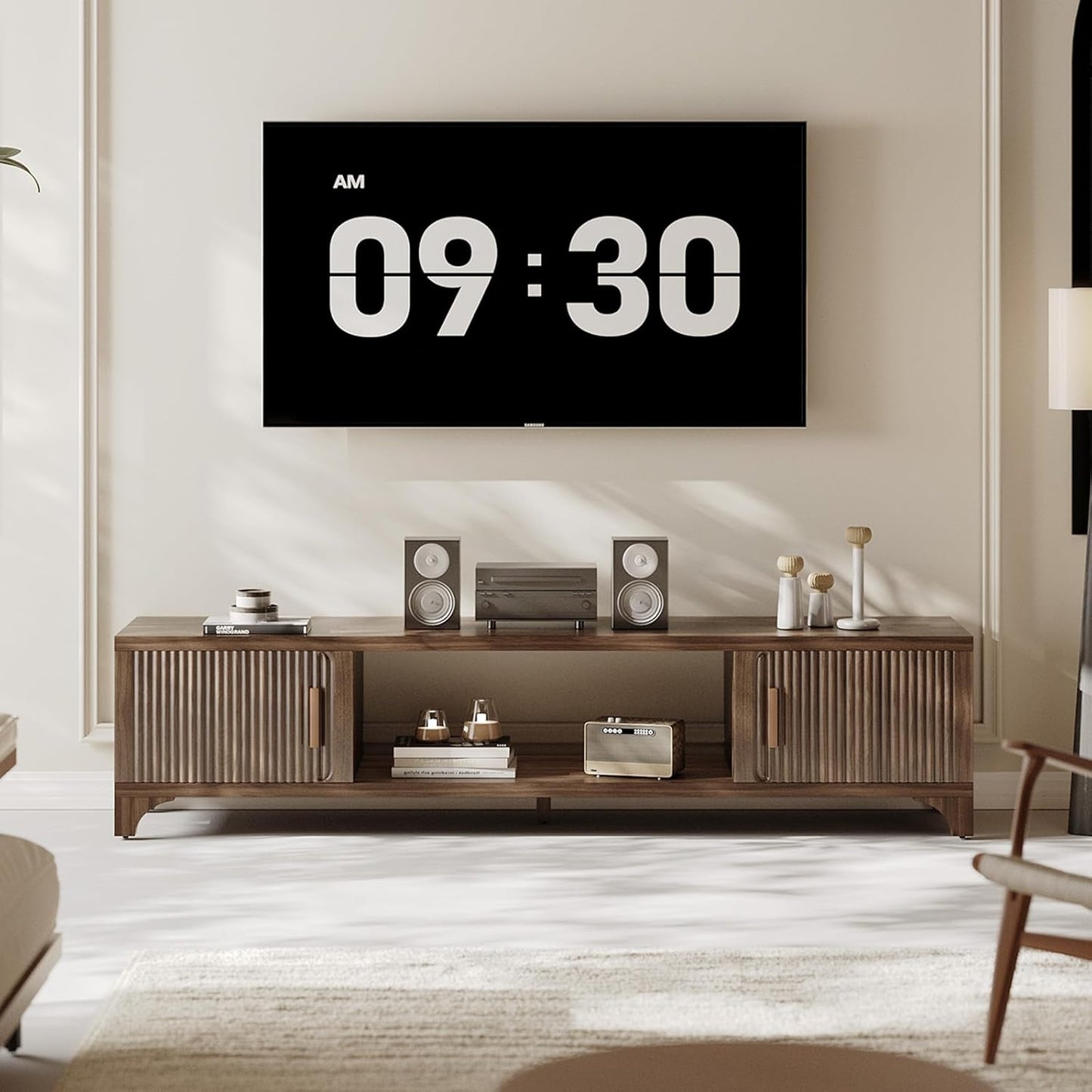 Mid Century Modern TV Stand for 55/65 Inches Television Console with Fluted Doors and Storage Entertainment Center for Living Room and Bedroom Dark Brown