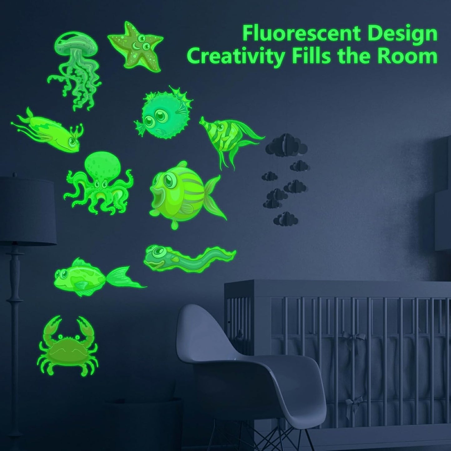 Glow in The Dark Ocean Fish Stickers, 36 PCS Glowing Luminous Sea Life Animals Wall Decals Under The Sea Ceiling Stickers for Kids Boys Girls Bedroom Nursery Playroom Party Room Decor