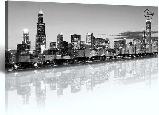 DJSYLIFE Chicago Skyline Wall Art - Black and White Modern Panoramic Cityscape Night View Picture Painting Bedroom Office Living Room Kitchen Home Decoration - Ready to Hang 13.8 "x 47.3" - Chicago 2