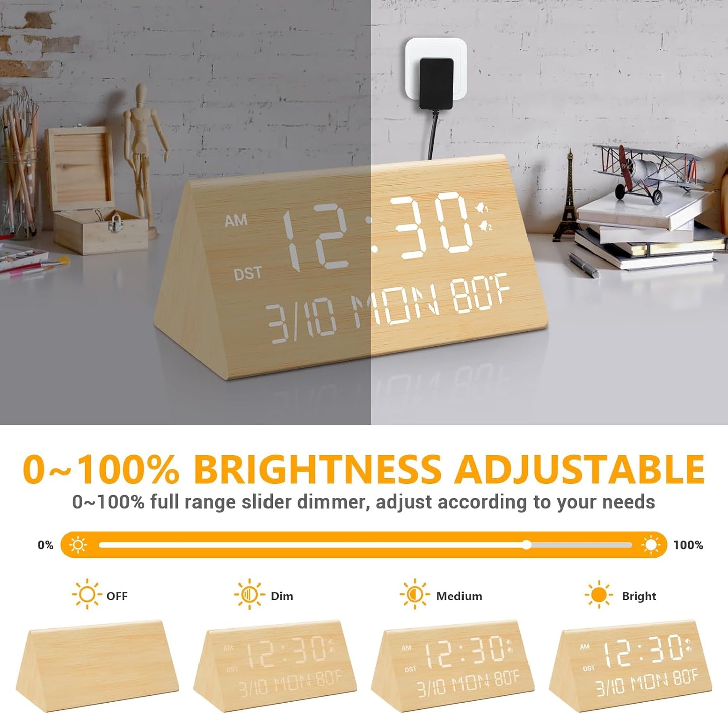 Kogonee Wooden Digital Alarm Clock, 0-100% Dimmer, 2 Alarm Settings, Weekday/Everyday Mode, 9 Mins Snooze, 12/24H, Temperature and Date Display for Office, Travel, Bedroom Alarm Clock (Bamboo)