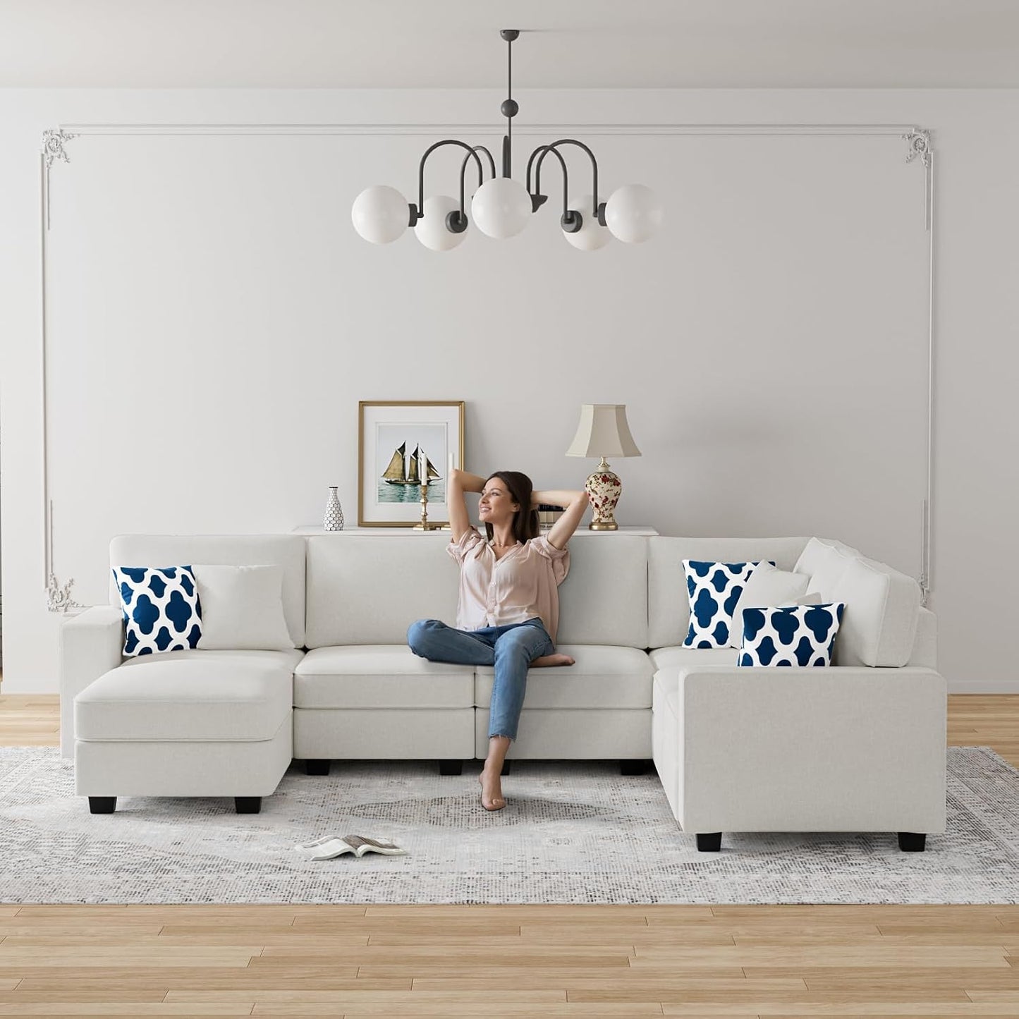 L Lengend Vansen Modular Sectional Sofa U Shaped Couch with Ottoman Modern Reversible Corner Sectional Couch for Living Room (Cream, U Shaped Sofa-2)