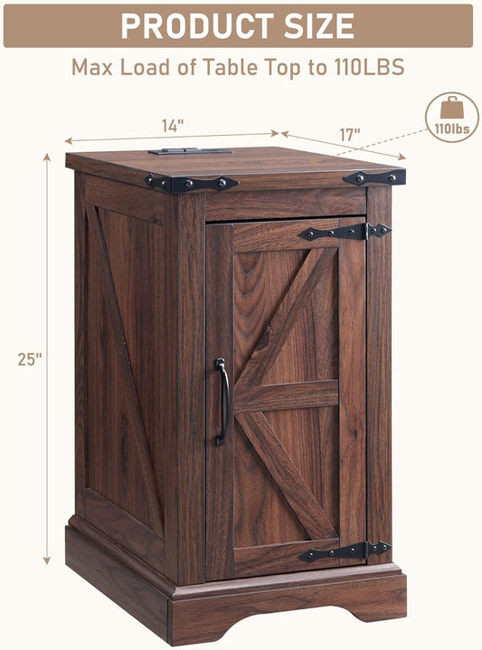 JXQTLINGMU Nightstand with Charging Station, Rectangular Farmhouse End Table with Barn Door and Adjustable Storage Shelf, 17" Deep Wood Rustic Sofa Side Table for Living Room, Bedroom, Brown