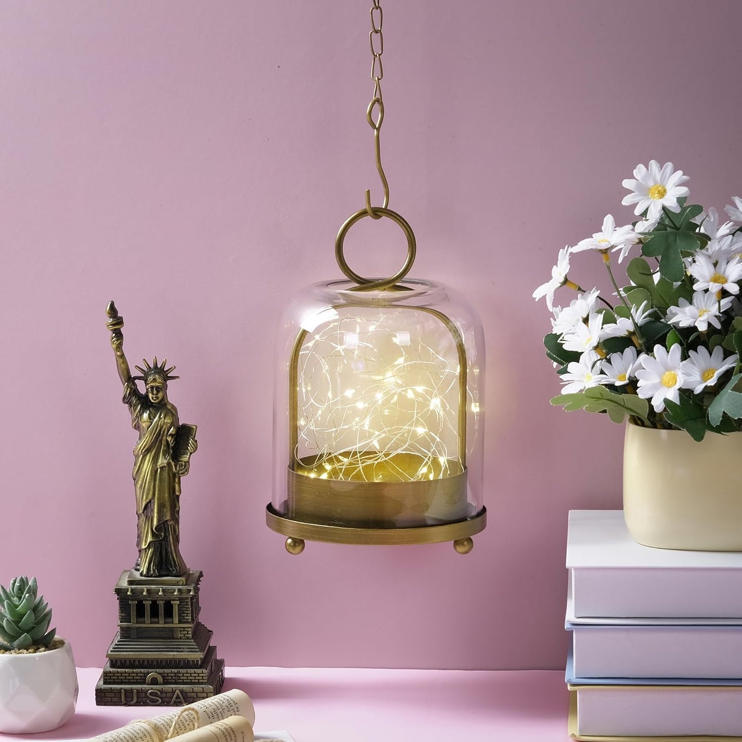 5"x7.5" Versatile Modern Metal Hurricane Lantern with Handmade Sturdy Glass Dome for 3" Pillar Candle & Plants (Brass, 5"x7.5" for 3" Pillar)