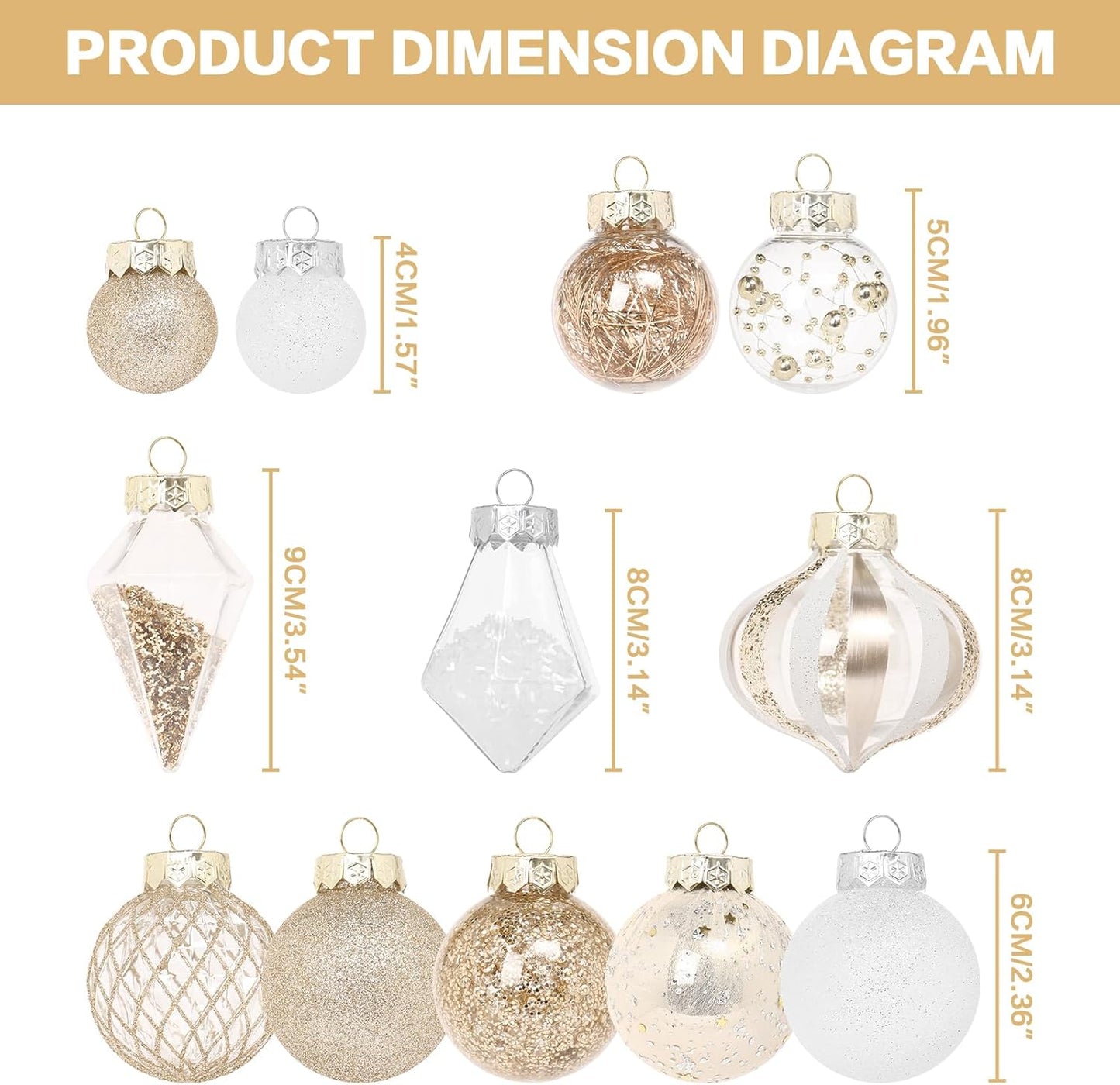 Christmas Ball Ornaments Set, 34PCS Clear Plastic Shatterproof Christmas Ornaments for Xmas Tree Hanging Decorations, for Indoor Home Thanksgiving Party Decor - Champagne/White.