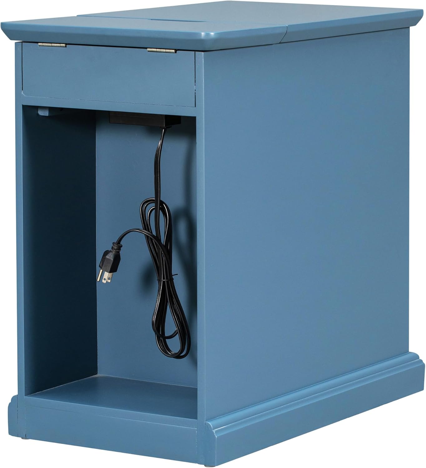 Traditional Wood End Table with Charging Station, Modern Vintage Sofa Chair Side Table Nightstand with Storage & Drawer for Living Room Bedroom, No Assembly, Antique Navy