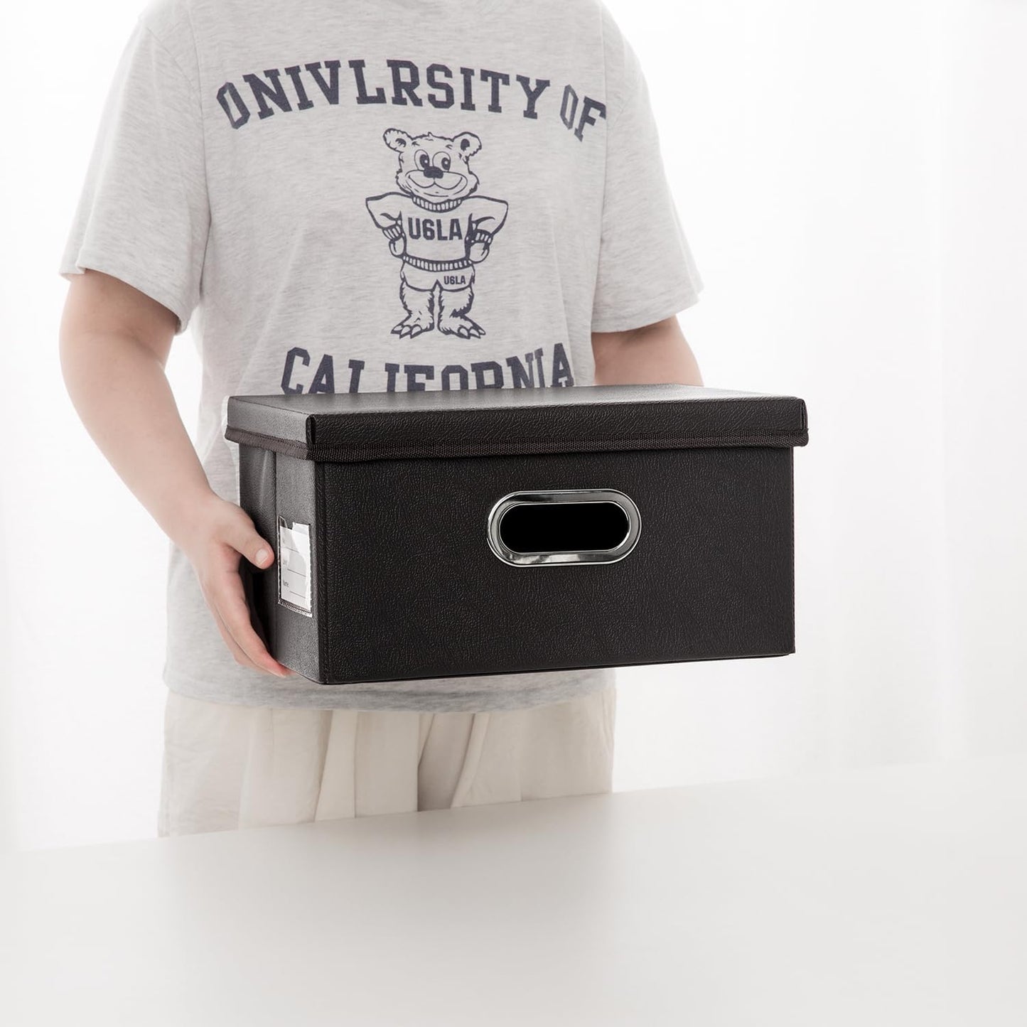 PRANDOM Collapsible Storage Box with Lid [1-Pack] Leather Fabric Foldable Storage Bin Organizer Container Basket Cube with Cover for Home Bedroom Closet Office Nursery Black (13.6x9.6x6.9)