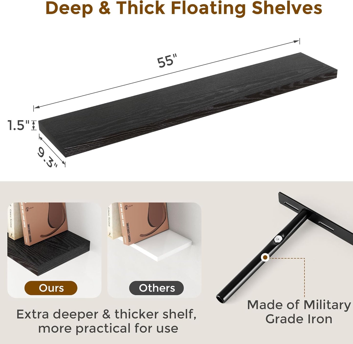 Fun Memories Floating Shelves 55 Inch Set of 2, Black 55 x 9 Wall Shelves for Home Decor Storage, Rustic Wood Floating Shelf for Wall, 9 Inch Deep Shelving for Bathroom, Living Room, Kitchen