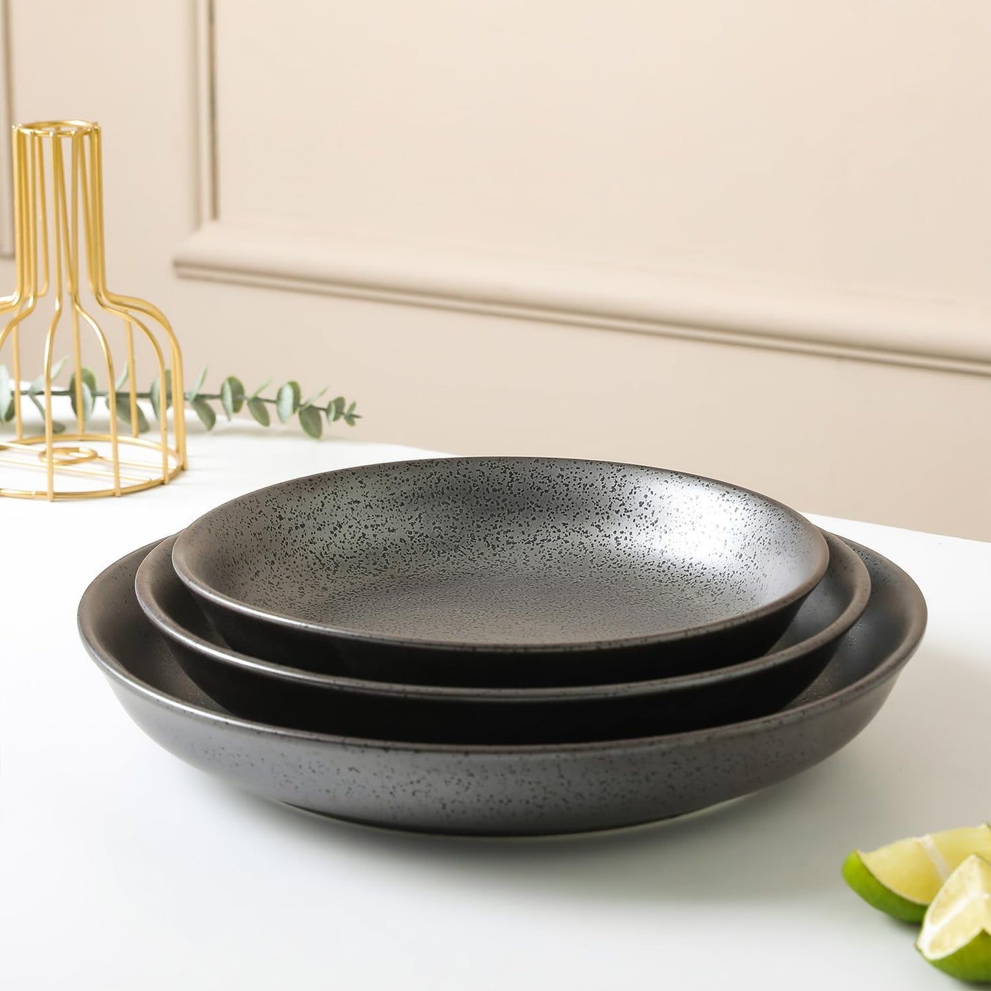 Stone lain Valencia Porcelain 3-Piece Round Bowl Serving Set, Metallic Grey