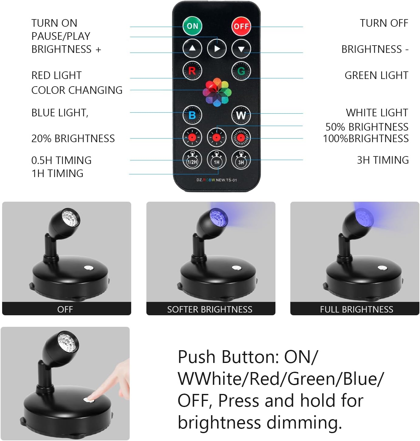 Cordless Spotlight Battery Operated, RGB Uplights with Remote and Timer, LED Indoor Plant Light, Dimmable Tree Accent Lighting, Color Changing Wall Lights for Art Painting Picture Dartboard