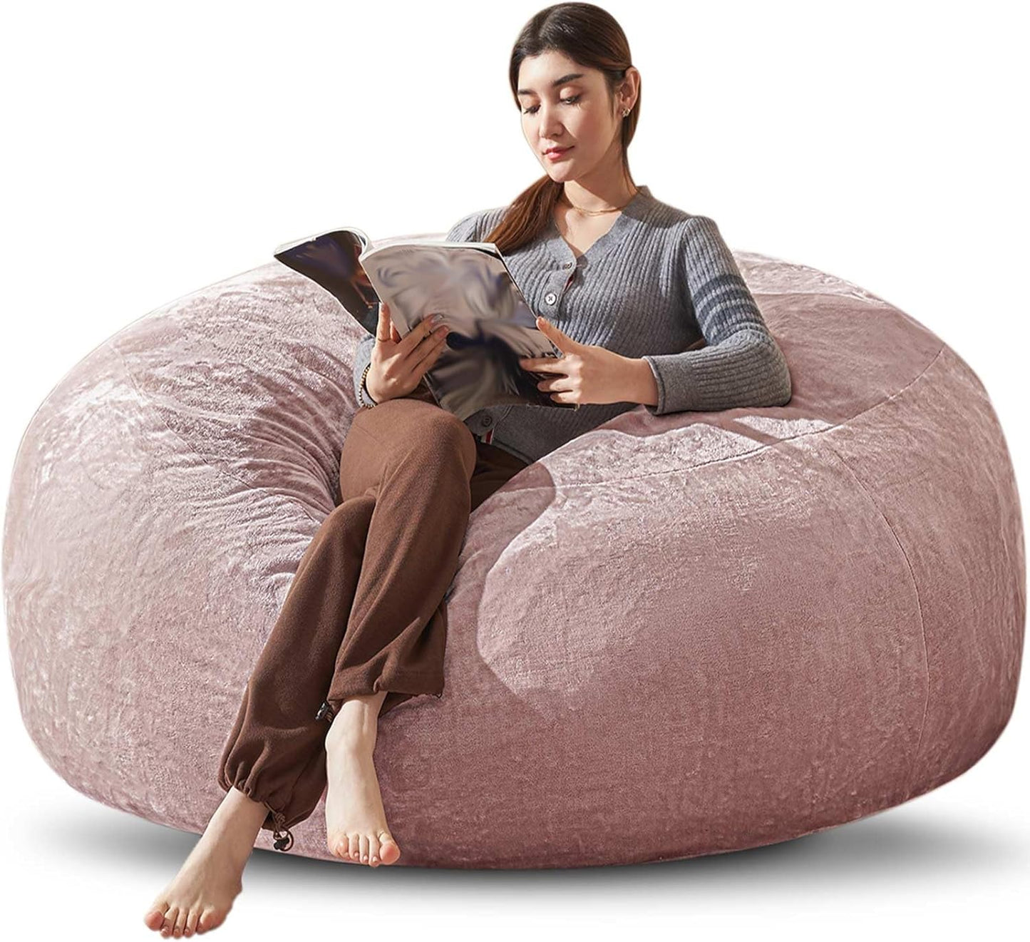 Bean Bag Chair 6Ft, Memory Foam Filled, Large Beanbag Chairs for Adults and Teens, Soft Sofa with Removable Flannel Cover, Round Couch for Living Room Bedroom College Dorm (Pink, 6FT-67×67"×24")
