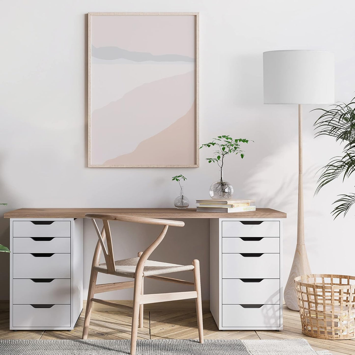 GLOBE Electric 52112 65" Floor Lamp, Faux Wood Finish, White Cotton Shade, Japandi Style, E26 Base, Modern Bedroom and Living Room Lighting