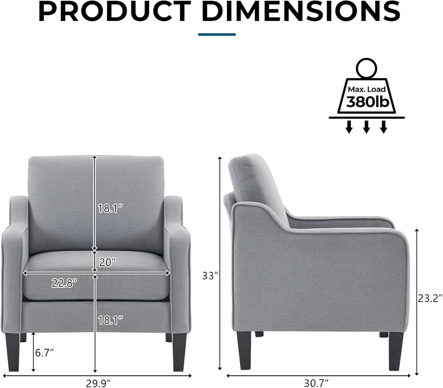 VINGLI Mid Century Modern Accent Chair, Light Grey Fabric Accent Chairs for Living Room Upholstered Armchair with Scooped Arms for Bedroom, Apartment, Studio, Office, Waiting Room