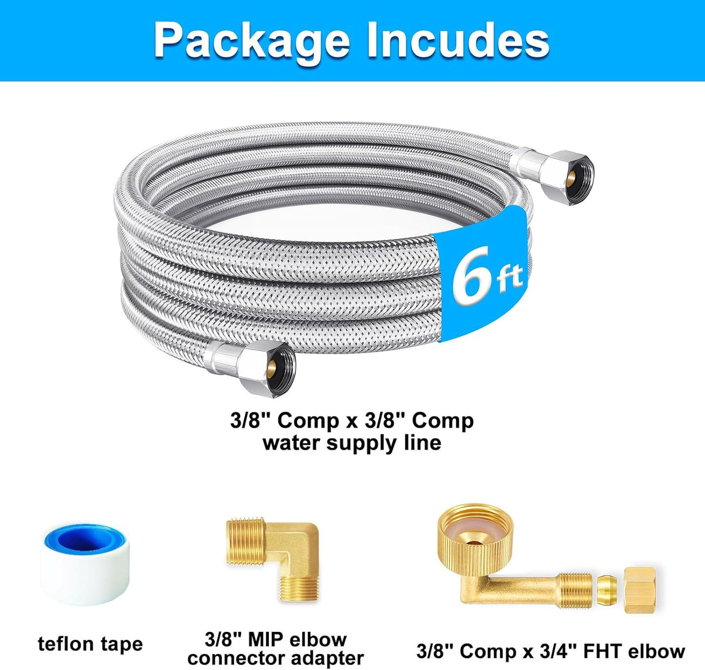 Dishwasher Installation Kit - 6 FT Premium Stainless Steel Braided Dishwasher Hose kit,Food Grade PEX Inner Tube Dishwasher Water Supply Line with 3/8"x3/8"MIP Elbow,3/8"x 3/4" FHT Elbow