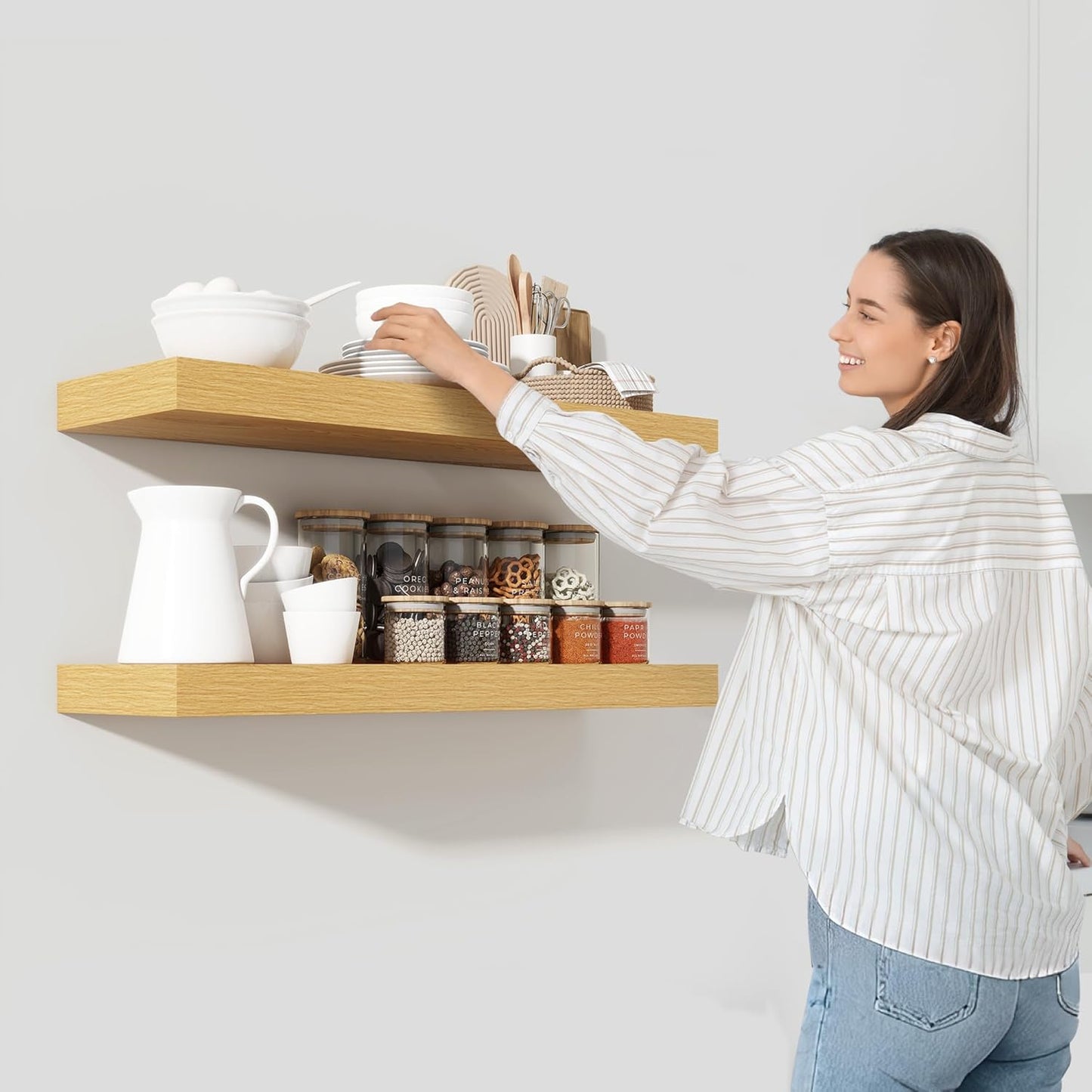 Heimlove 36 Inch Floating Shelves for Wall Set of 2,Oak Wall Shelves for Storage & Decor - Heavy Duty with Invisible Brackets,Perfect for Living Room,Bedroom,Home Office