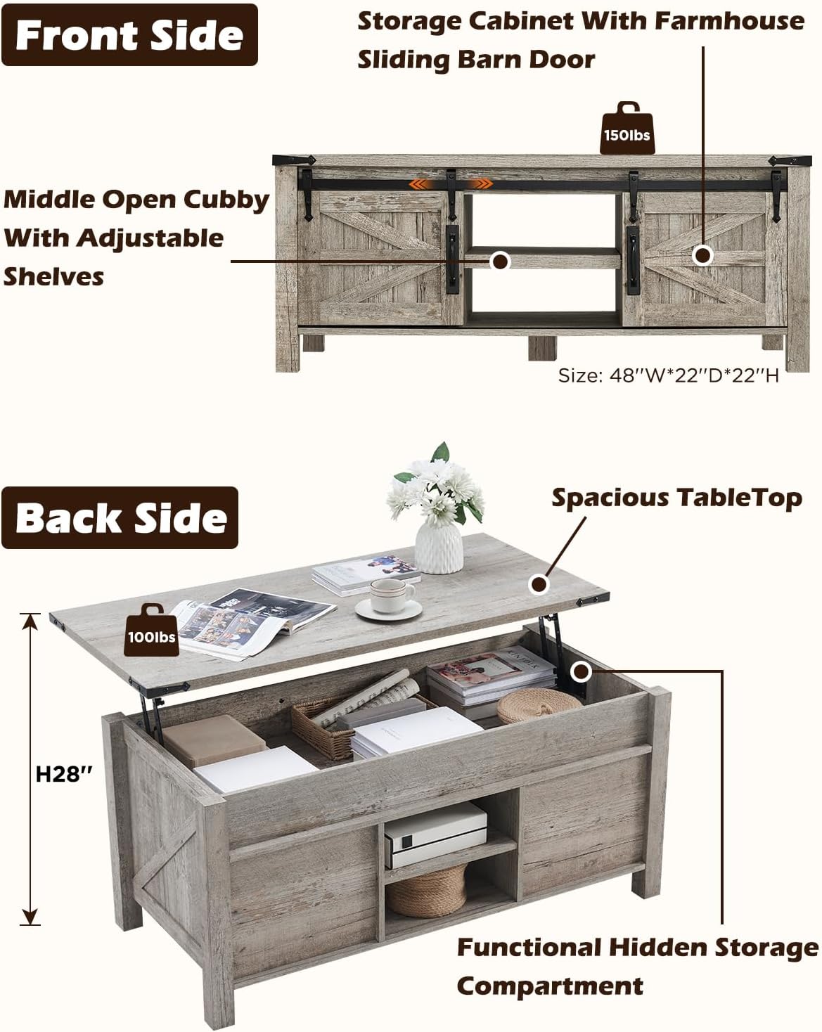 OKD 48" Farmhouse Lift Top Coffee Table with Sliding Barn Door, Rustic Center Table w/Hidden Storage Compartment, Lift Tabletop Dining Table w/Adjustable Shelf for Living Room,Light Rustic Oak