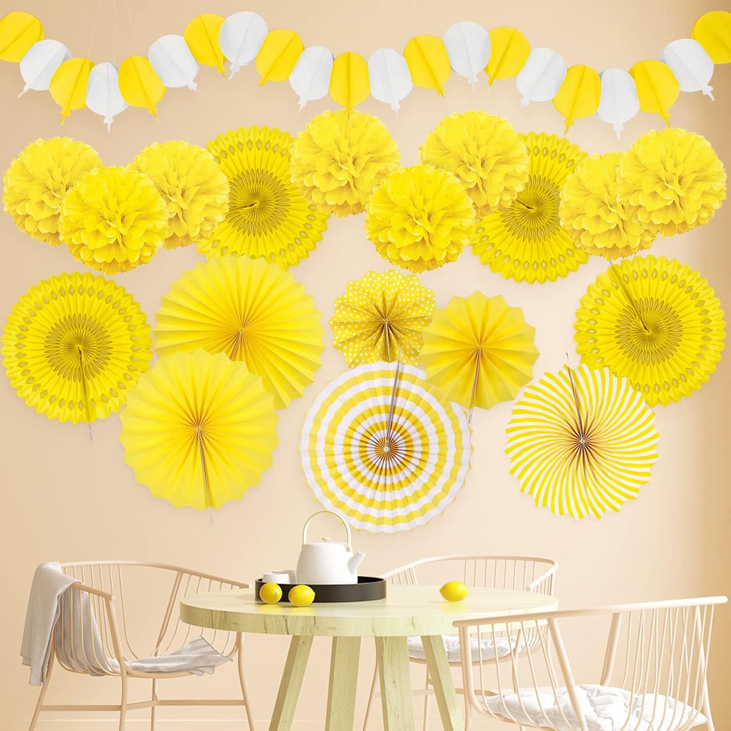 Yellow Party Decorations, Papar Fans Pompoms Fans Garlands for Birthday Bridal Baby Shower Wedding Graduation Spring Festival Party Decorations