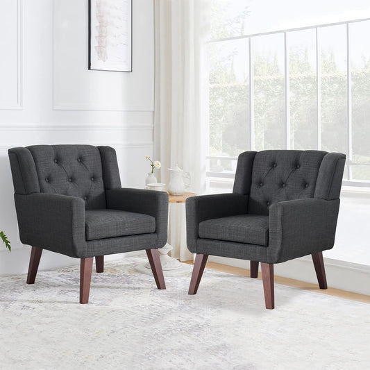 Accent Chair Button-Tufted Upholstered Living Room Chairs Comfy Reading Chair Mid Century Modern Chair with Linen Fabric Lounge Arm Chairs for Living Room Bedroom (Grey Set of 2)