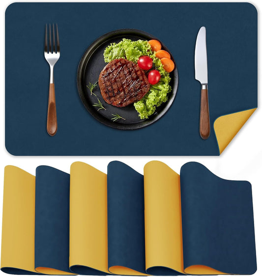 BLESWIN Faux Leather Placemats, PU Dining Table, Waterproof and Oil Resistant Easy to Clean, Heat Resistant Reversible Use Table Mats for Kitchen, Dining Table,Outdoor – 12 × 17 Inch, Dark Blue&Yellow