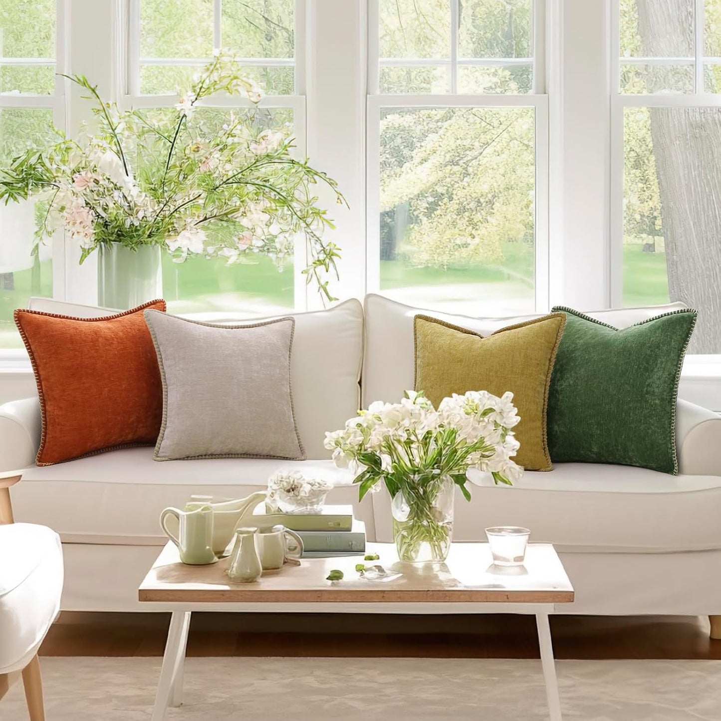 decorUhome Chenille Soft Throw Pillow Covers 20x20 Set of 2, Farmhouse Velvet Neutral Decorative Euro Pillow Covers with Stitched Edge for Couch Sofa Bed Home Decor, Mineral Yellow