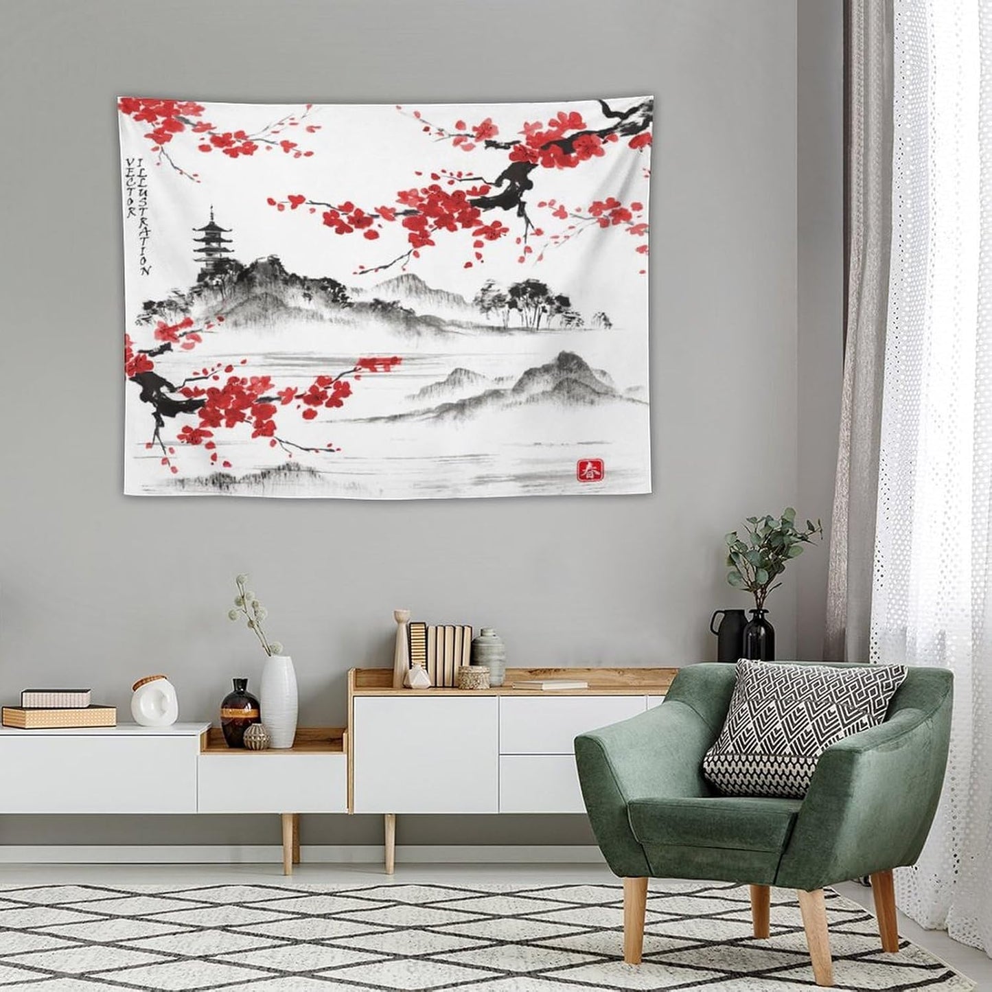 Cherry Blossoms Tapestry, Japanese Fuji Mountain Wall Tapestry, Nature Landscape Wall Art for Bedroom & Living Room Decor, 40"x30"