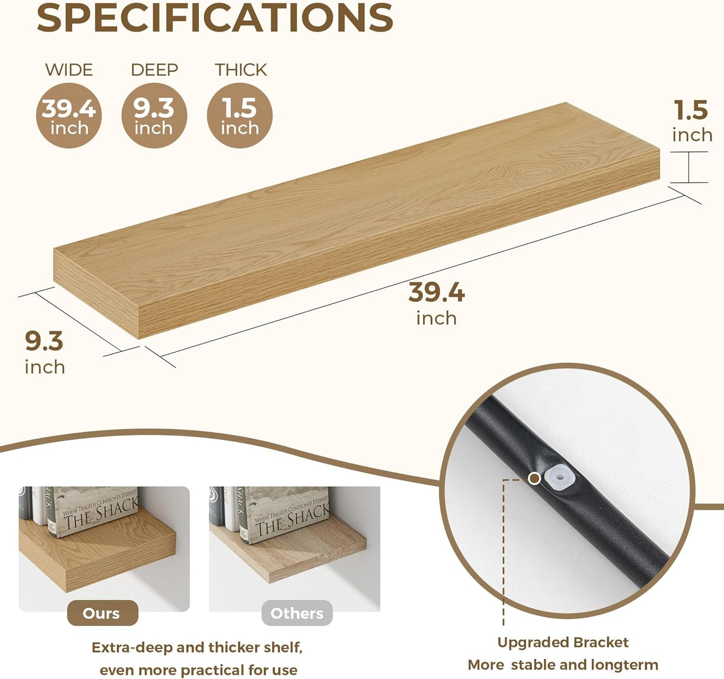 Dreamland 40 Inches Floating Shelves for Wall, 9.3" Deep Long Floating Shelves Set of 2, Large Display & Storage Shelf, Wall Shelf for Bathroom Bedroom Living Room Kitchen Office, Oak