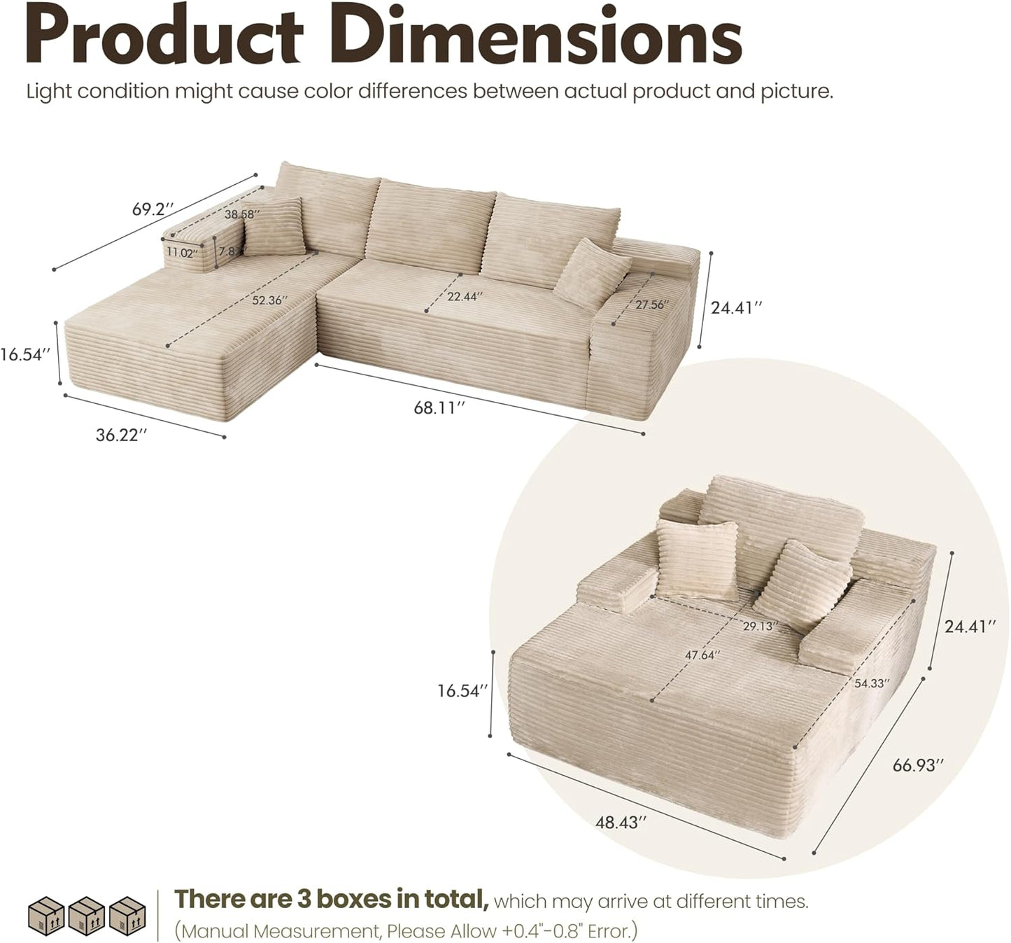 HOOOWOOO Cloud Sectional Couches for Living Room,Modular Sectional Sofa No Assembly,Plush Corduroy Large Floor Couch Furniture Set with Deep Seat Left L Shape and Chaise Lounge(Beige)