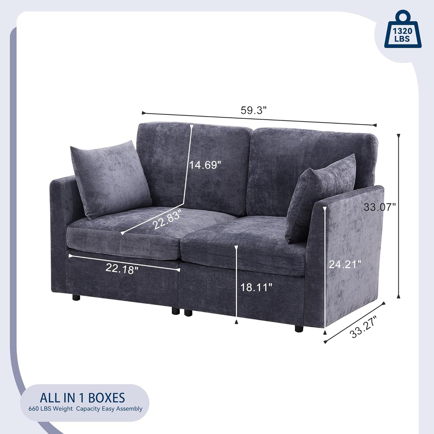 Tbfit 59" Loveseat Sofa, Chenille Small Sofa Couch, Love Seat with 2 Pillows for Small Space, Bedroom & Living Room, Grey