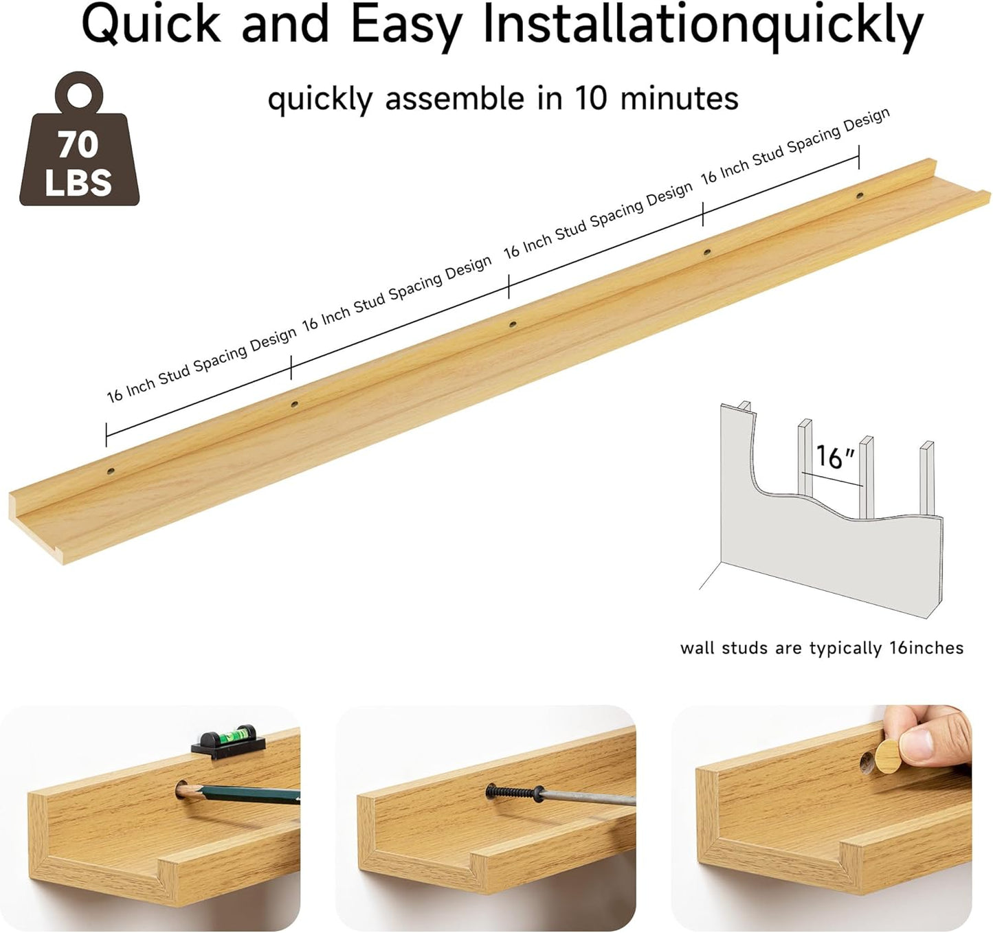 Floating Picture Ledge Shelves for Wall Set of 2, 84 Inches Picture Ledge Shelf with Long Large Nursery Book Shelf for Toys Storage Kids Bookshelf Wall Mounted Living Room Bedroom Decor Frames, Oak