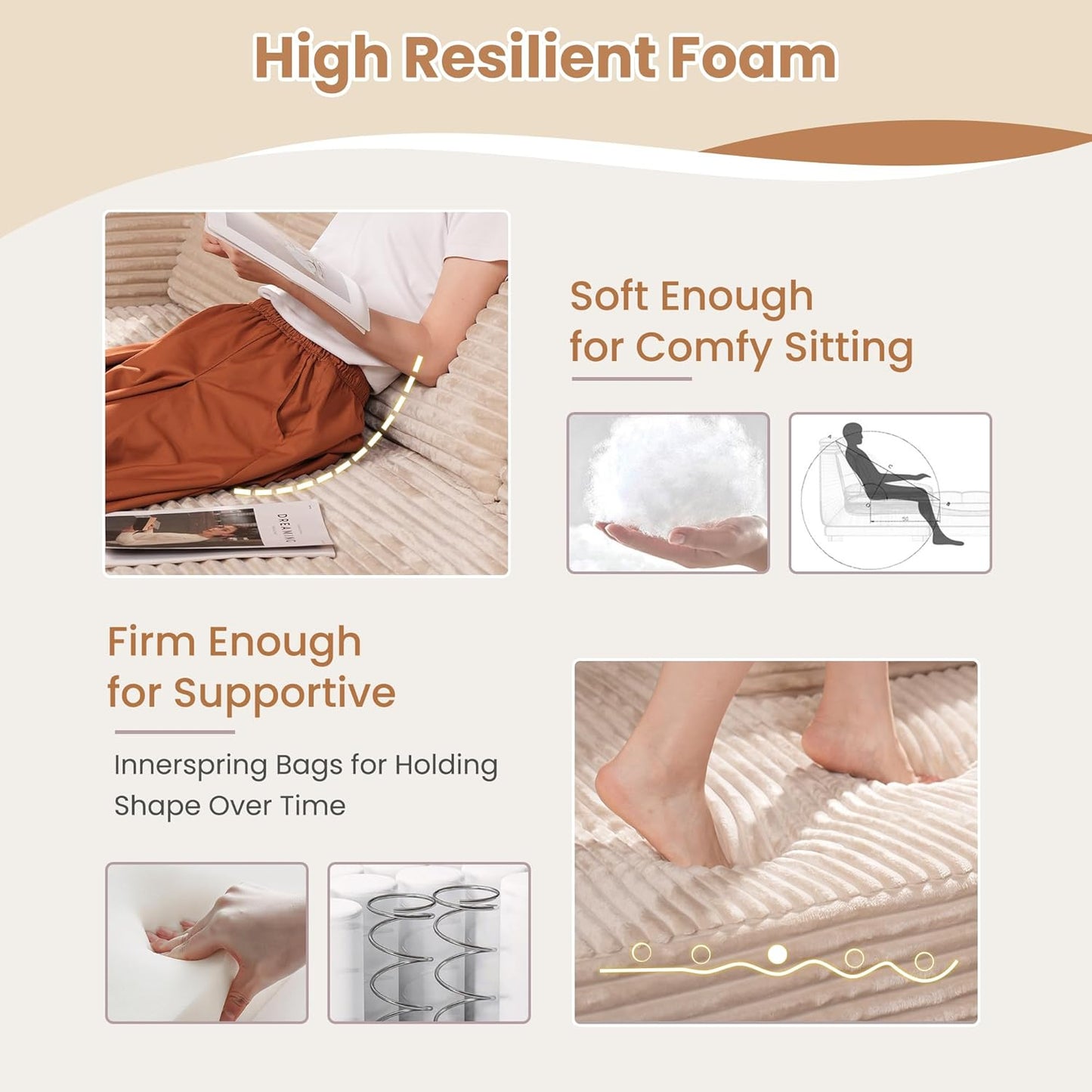 HOOOWOOO Cloud Sectional Couches for Living Room,Modular Sectional Sofa No Assembly,136X133 Inch Plush Corduroy Large G Shaped Floor Couch Set with Deep Seat Chaise Ottoman(Beige)