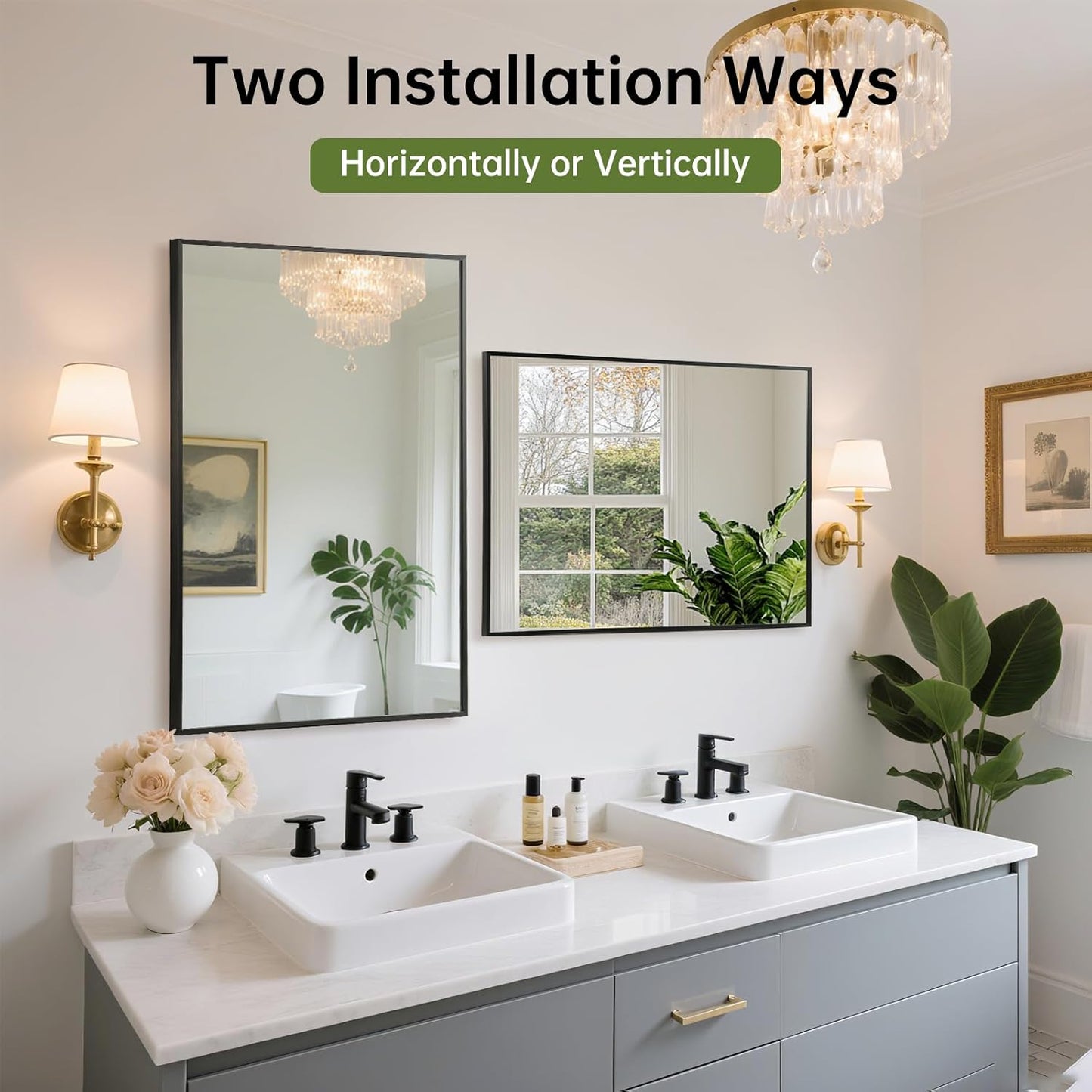 FARMER 16x24 Inch Black Bathroom Mirror, Rectangle Wall Mounted Mirror, Vanity Mirror, Brushed Square Mirror, Framed Bathroom Mirror for Bedrooms, Entryways, Living Rooms, Horizontal/Vertical