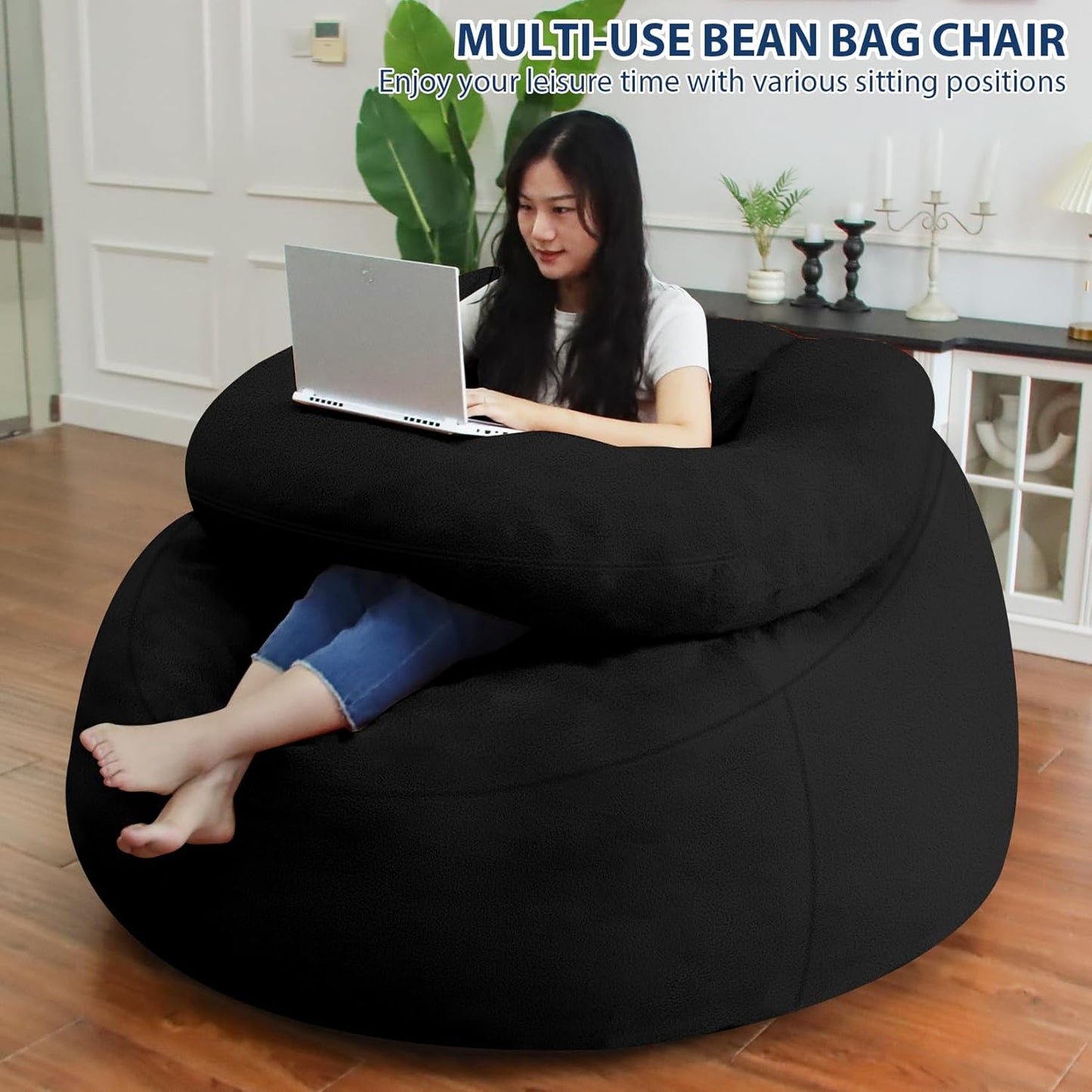 HABUTWAY Bean Bag Chair with U-Shaped Pillow for Adult and Kids Big BeanBag Chair with Filling Ultra Soft Teddy Fleece Couch Chair with Washable Cover for Living Room Bedroom Office, Black & Black