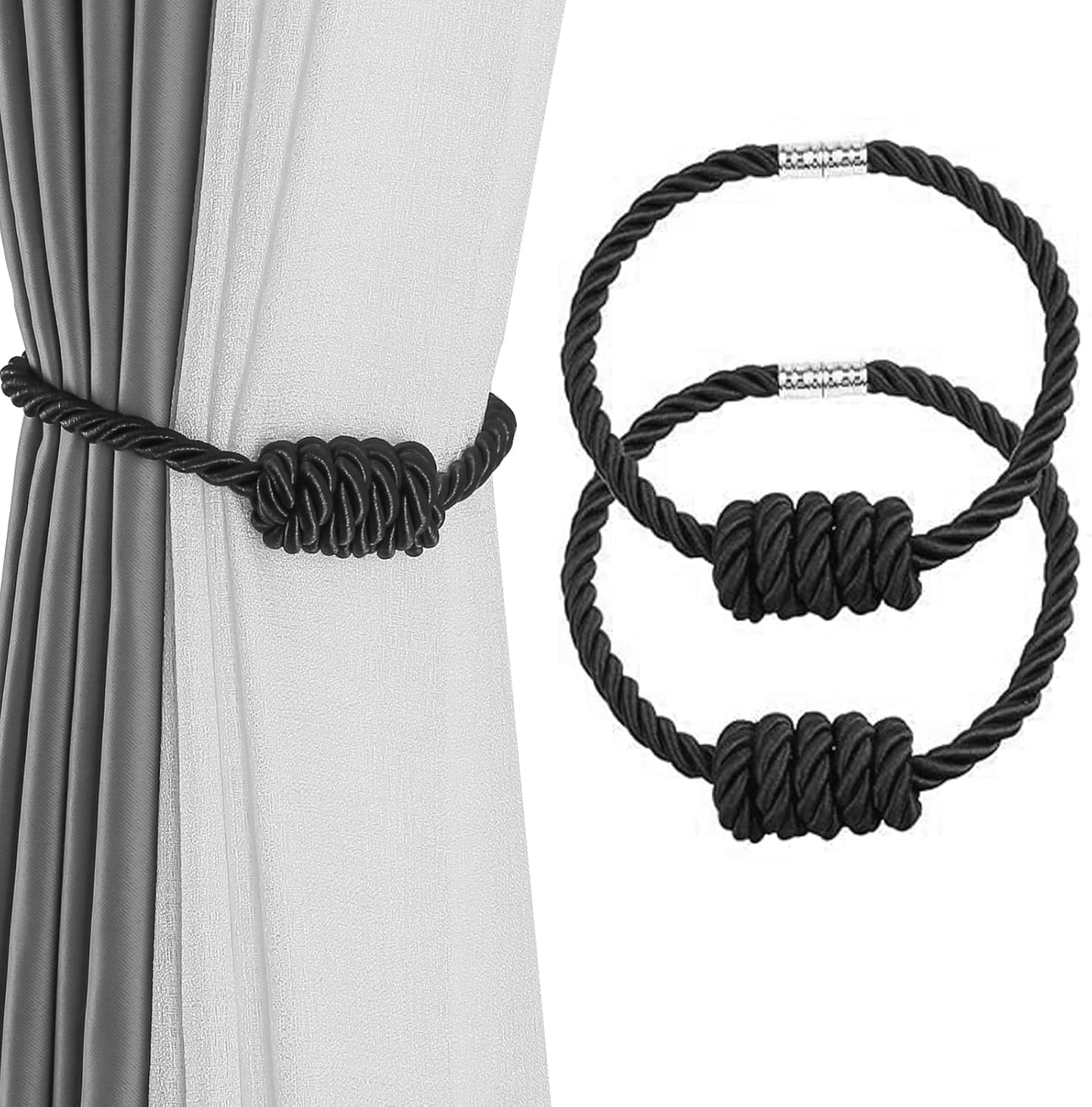 Fenghuangwu 2Pack Magnetic Curtain Tiebacks – Bohemian Style Handmade Woven Tie-Backs for Drapes,Elegant Exquisite Knot Holdbacks,Outdoor Boho & Modern Home Decor（Black