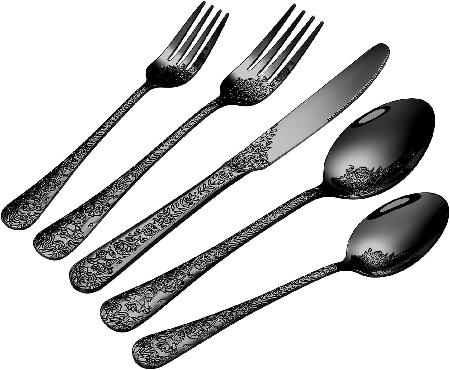 Floral 20 Pcs Black Silverware Set for 4, Food Grade Stainless Steel Flatware Set with Rose Flower Embossed Design, Eating Utensils Sets Include Fork/Knife/Spoon, Reusable Cutlery Set, Dishwasher Safe