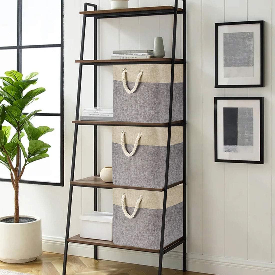 i BKGOO 3Pack Large Foldable Storage Bins，Collapsible Sturdy Cationic Fabric Organizing Storage Basket Cube with Cotton Handles for Home Office Shelf Clothes Toys Khaki-Grey 13×13×13 inch