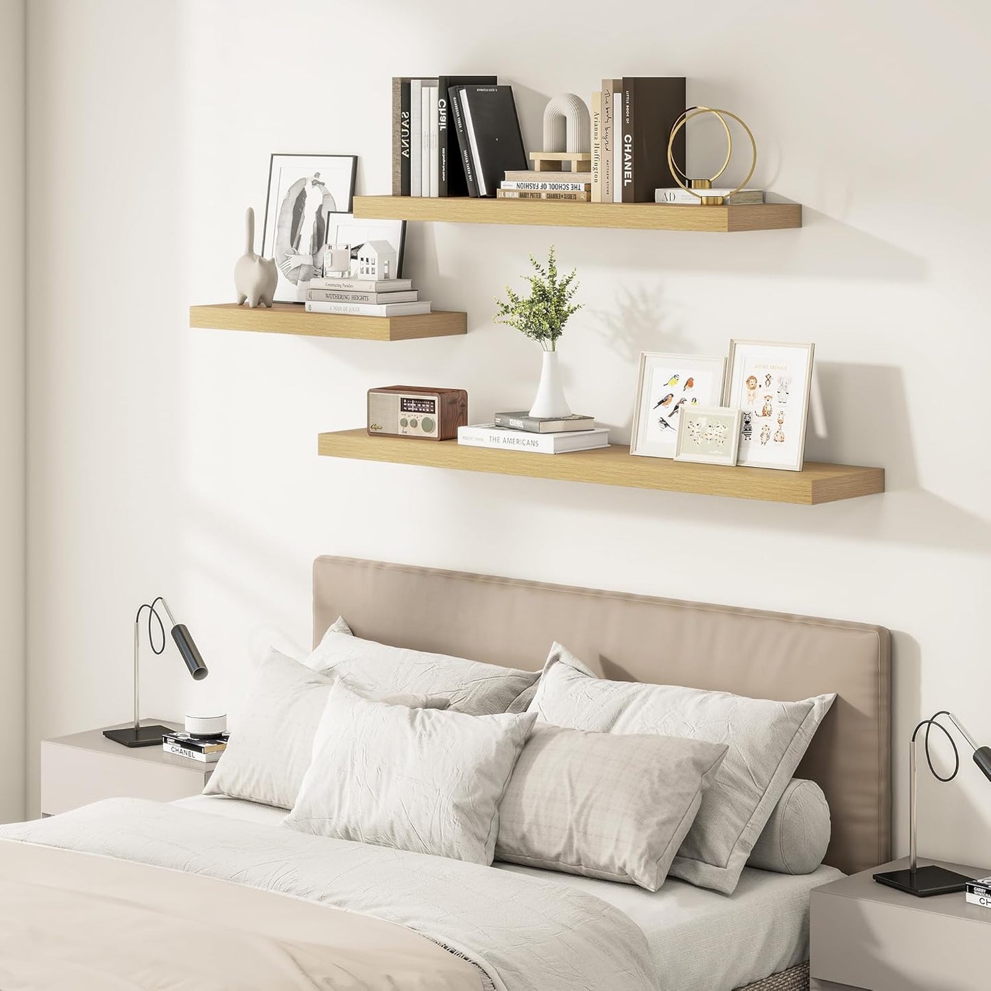 12 Inch Deep Floating Shelves 24 inch Long, 24 x 12 Wide Wall Shelves with Invisible Brackets, Heavy Duty Shelf for Bedroom Bathroom Living Room Kitchen Office Home Decor, Modern Shelf Set of 2, Oak