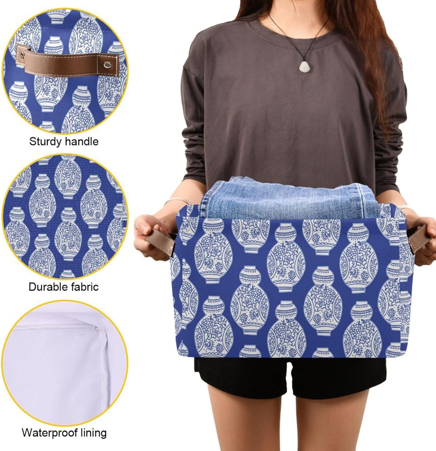 susiyo Storage Baskets for Shelves Organizer Baskets with Metal Frame Closet Storage Bins Fabric Bins Cubes with PU Handles for Organizing Shelf Nursery Toys 2 PACK,Blue Chinoiserie Vases