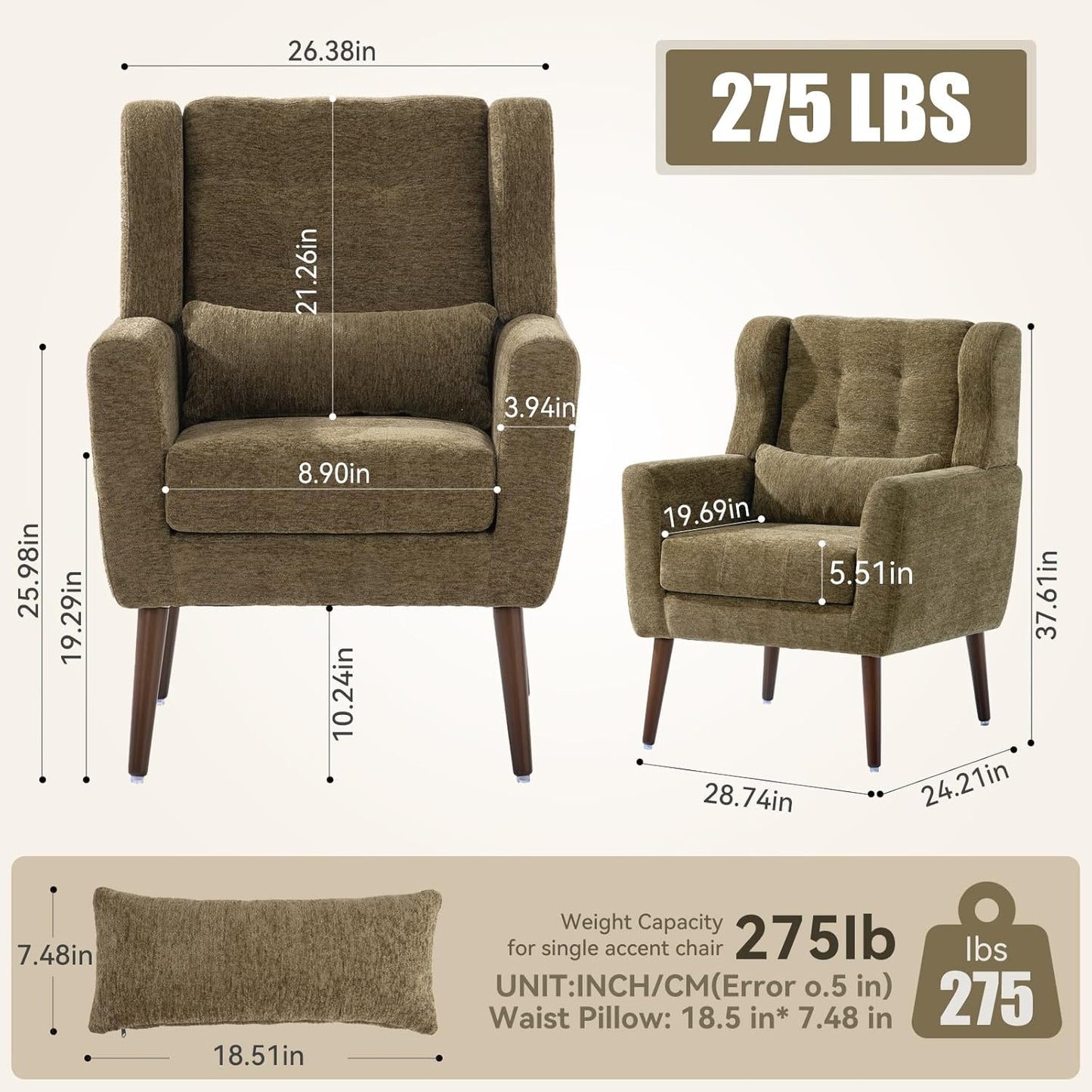 Modern Accent Chair, Upholstered Armchair with Pillow, Fabric Single Sofa Chair with Lounge Seat and Wood Legs Accent Chair for Living Room Bedroom Small Spaces (Avocado, Set of 1)